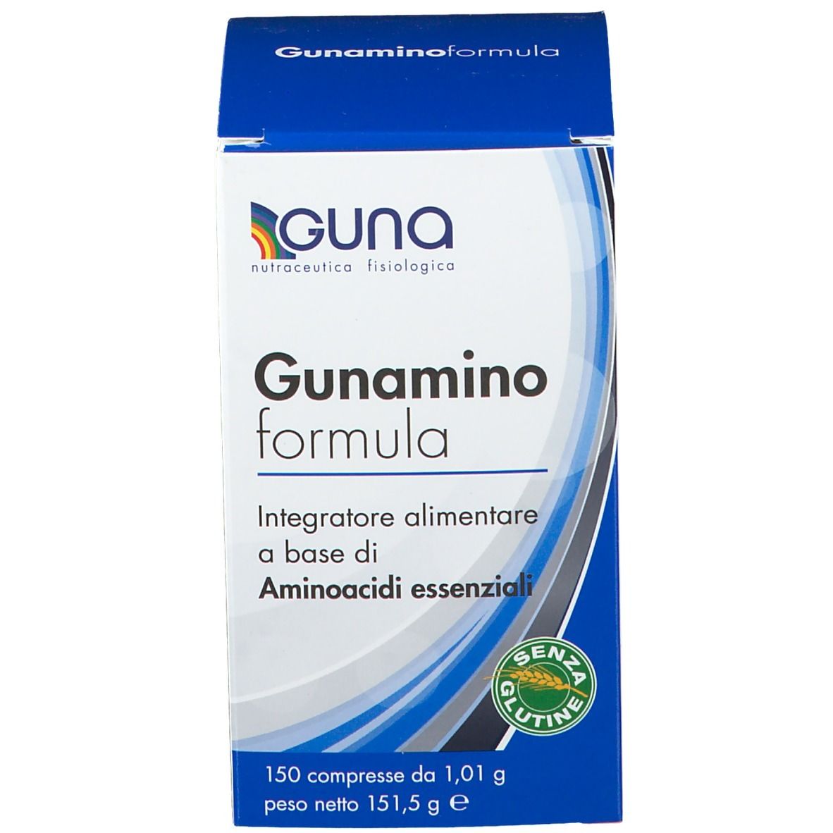 Blaue Schachtel mit Produktaufdruck. Aufschrift: Guna Gunamino formula, 150 Tabletten, glutenfrei.