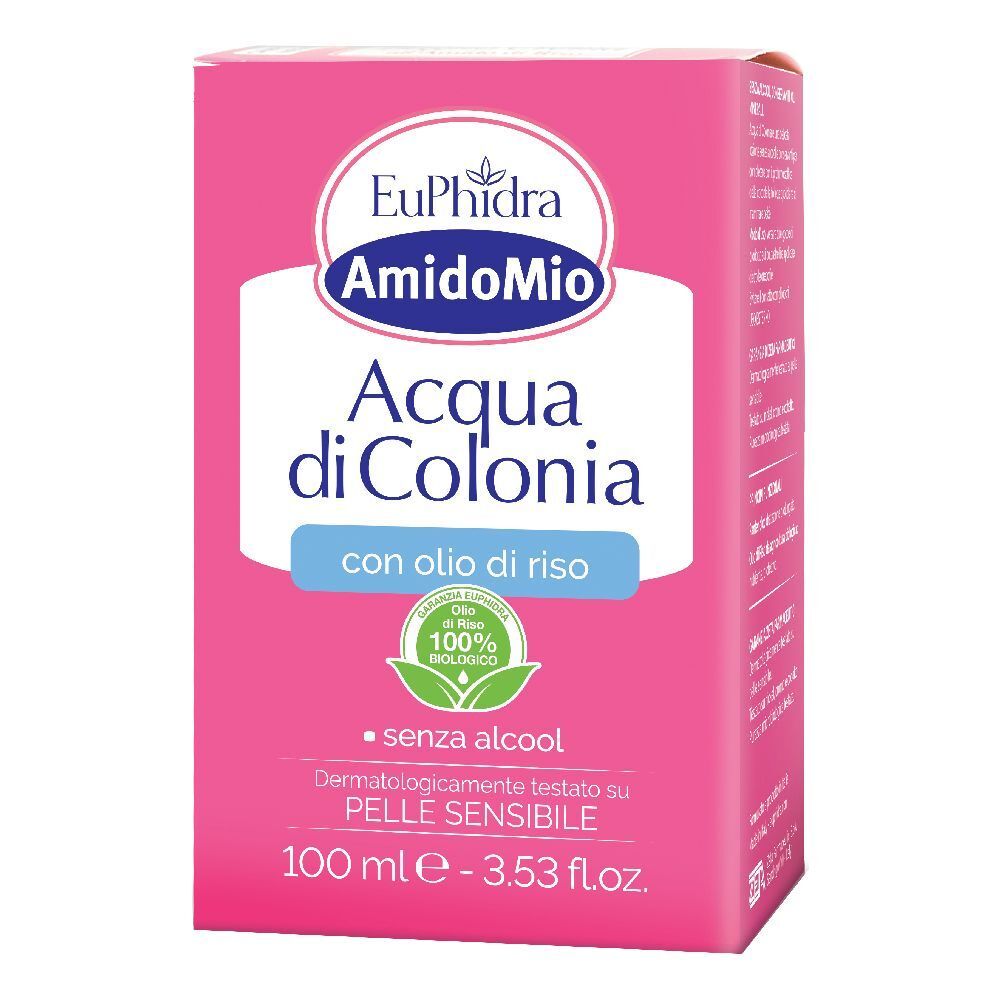 Rosa Verpackung mit Produktnamen und Logo. Enthält 'Acqua di Colonia' mit 'olio di riso'. 100% biologisch.