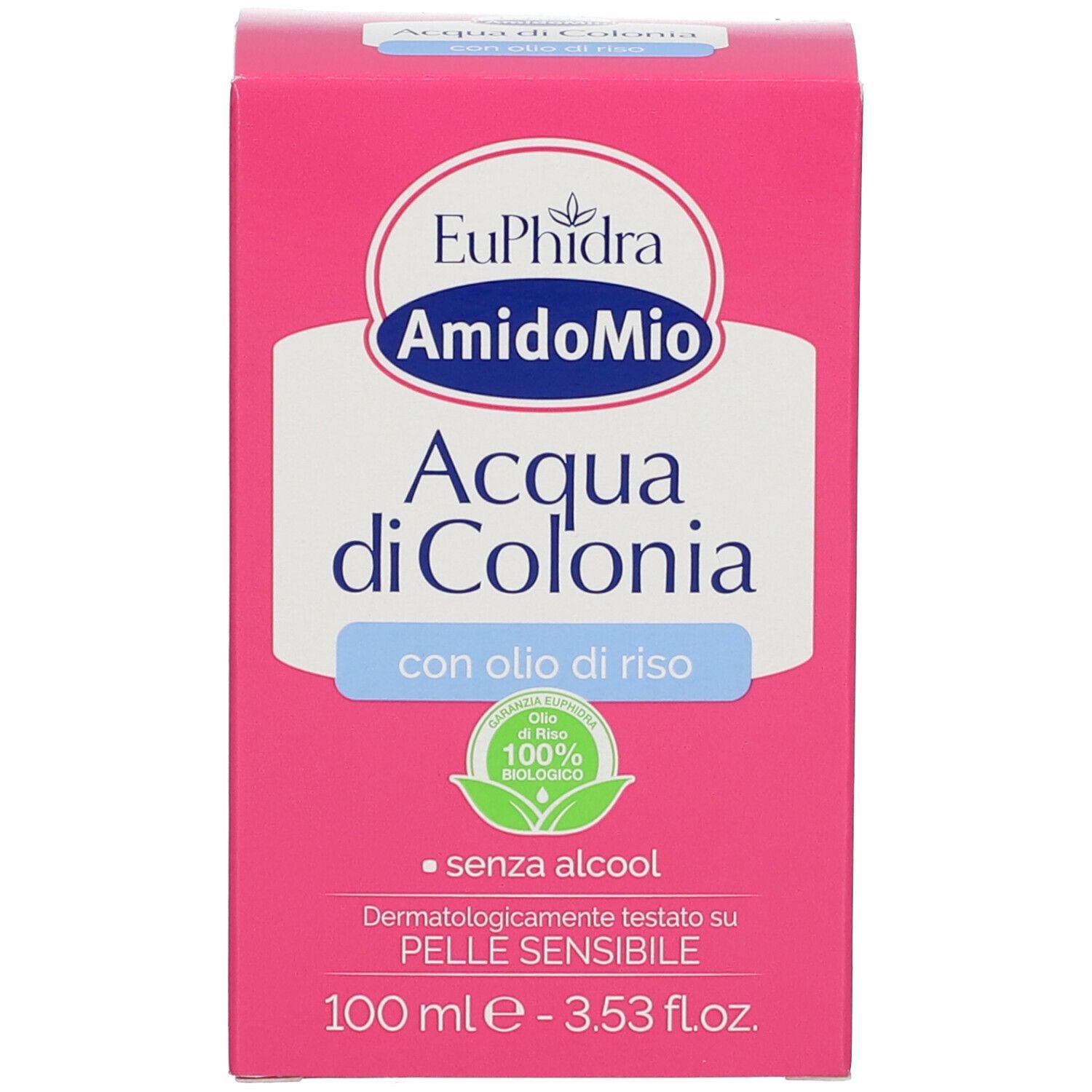 Rosa Verpackung mit Produktnamen und Logo. Enthält 'Acqua di Colonia' mit 'olio di riso'. 100% biologisch.