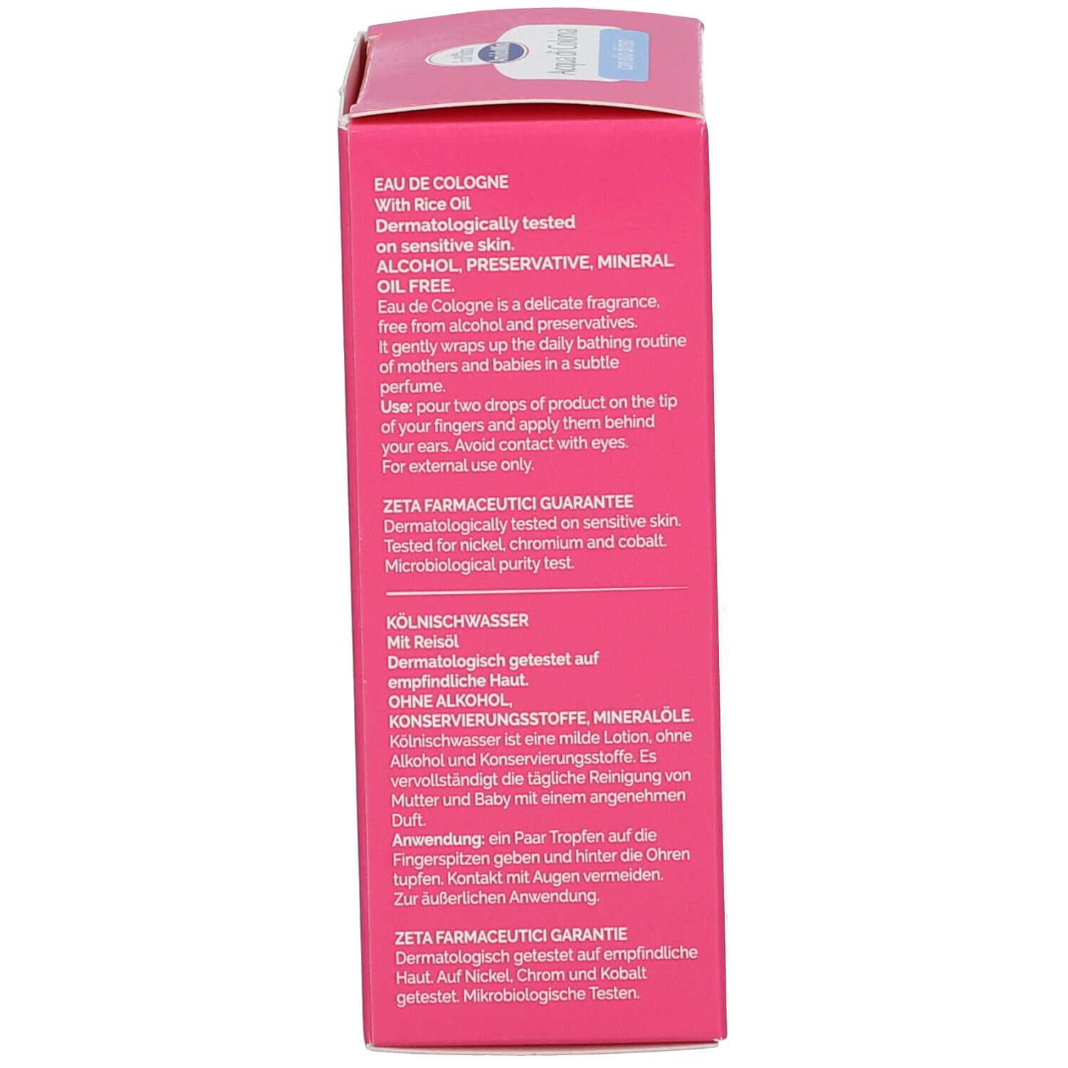 Seitenansicht der Verpackung. Text in Deutsch und Italienisch. Informationen über Inhaltsstoffe und Anwendung.