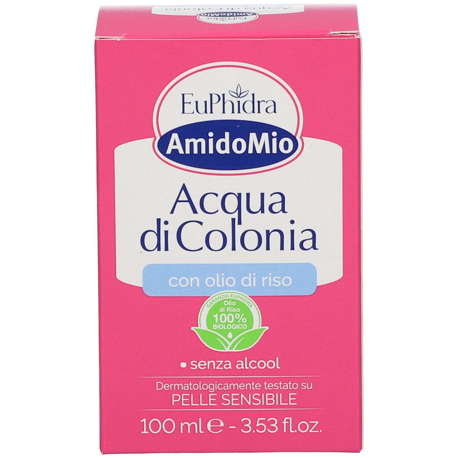 Rosa Verpackung mit Produktnamen und Logo. Enthält 'Acqua di Colonia' mit 'olio di riso'. 100% biologisch.