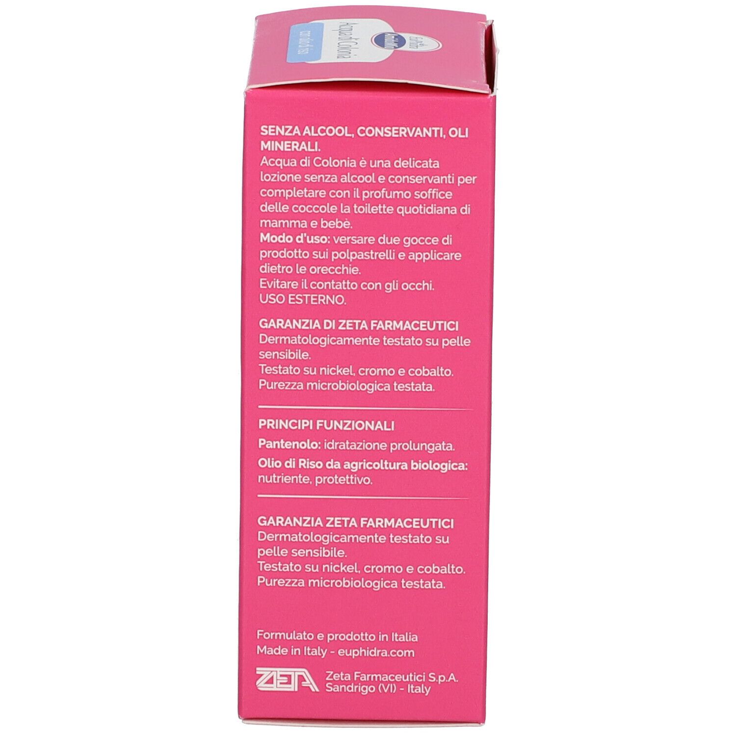 Rückseite der Verpackung. Text in Italienisch. Informationen über Inhaltsstoffe und Anwendung.