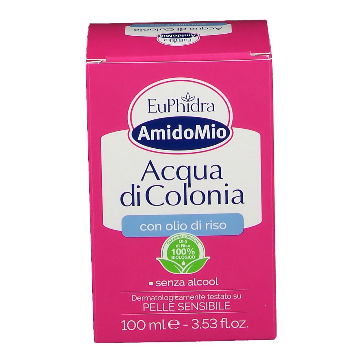 Rosa Verpackung mit Produktnamen und Logo. Enthält 'Acqua di Colonia' mit 'olio di riso'. 100% biologisch.