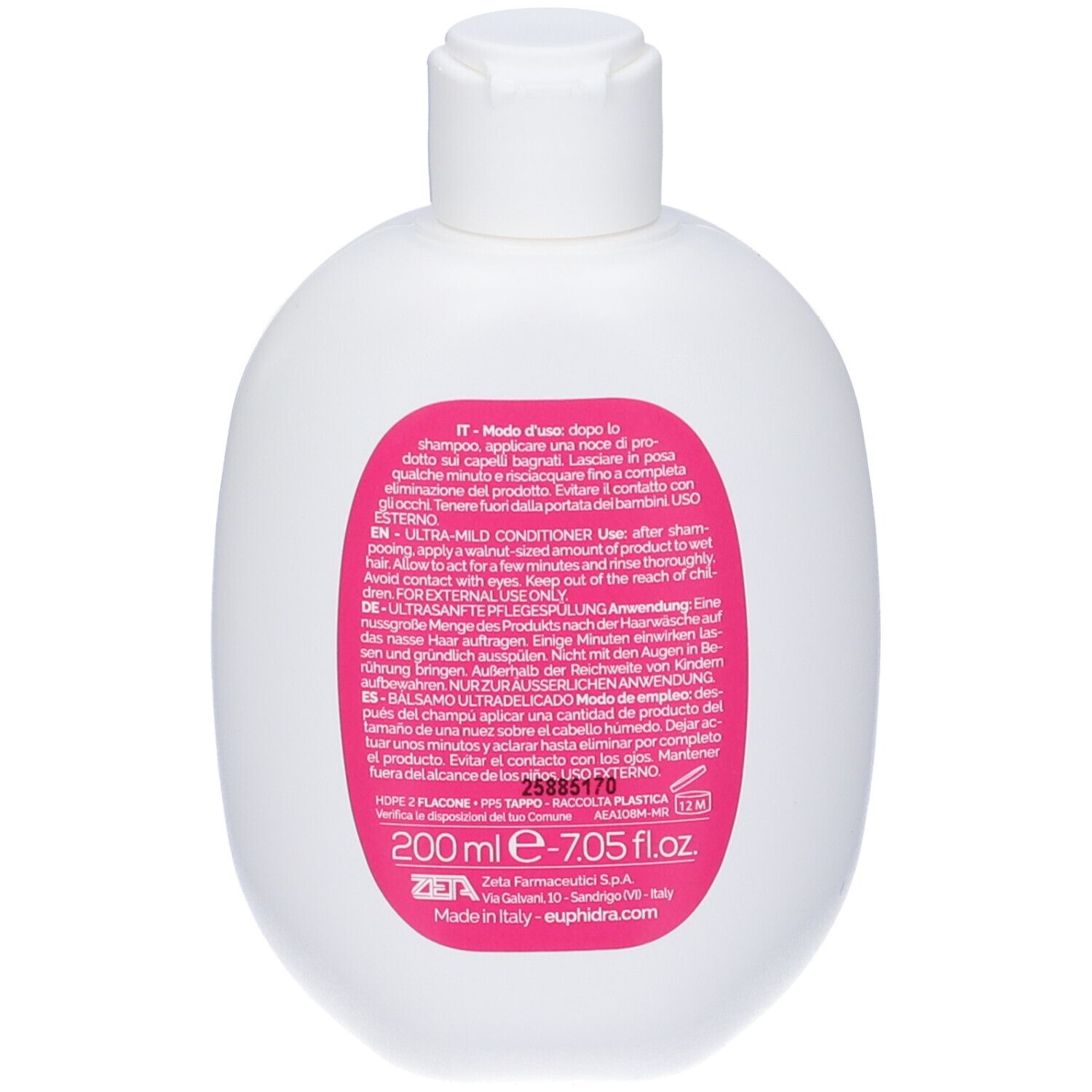 Rückseite einer weißen Flasche. Rosa Etikett mit Text. Enthält Anweisungen und Inhaltsstoffe. 200 ml.