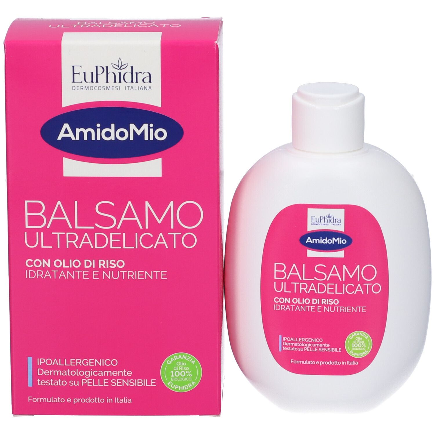Produktverpackung. Rosa Karton und weiße Flasche. Text: AmidoMio Balsamo Ultradelicato. Mit Reisöl. Hypoallergen.
