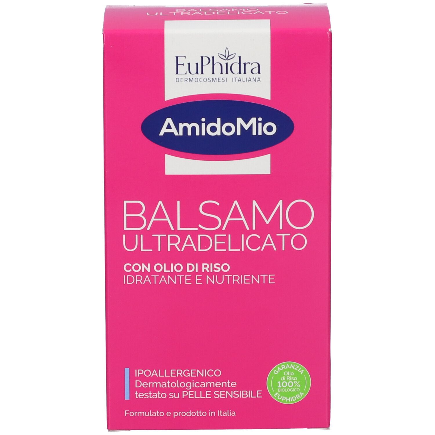 Rosa Karton. Text: AmidoMio Balsamo Ultradelicato. Mit Reisöl. Hypoallergen, dermatologisch getestet.