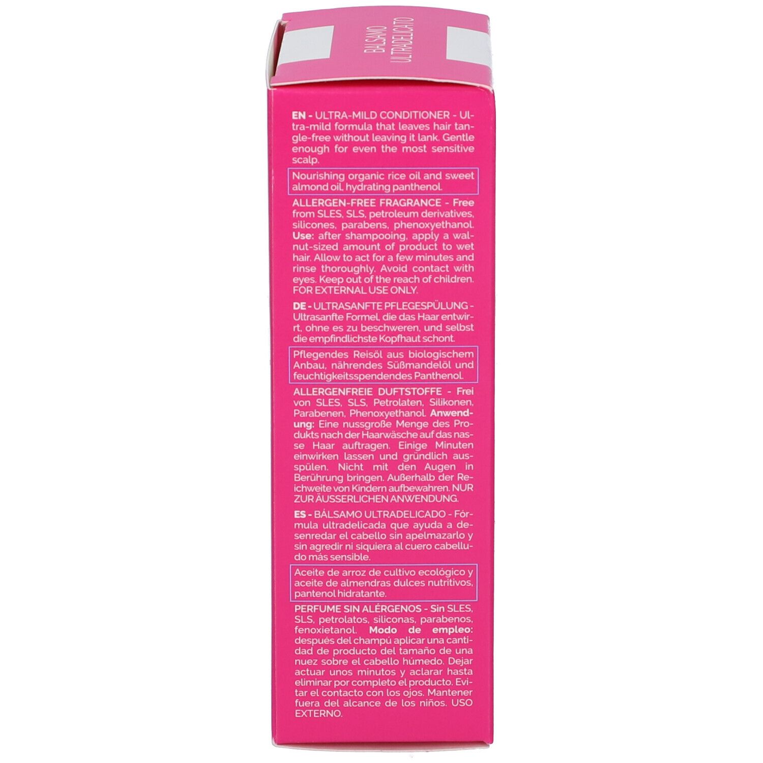 Rückseite einer rosa Produktverpackung. Text in mehreren Sprachen. Enthält Anweisungen und Inhaltsstoffe.