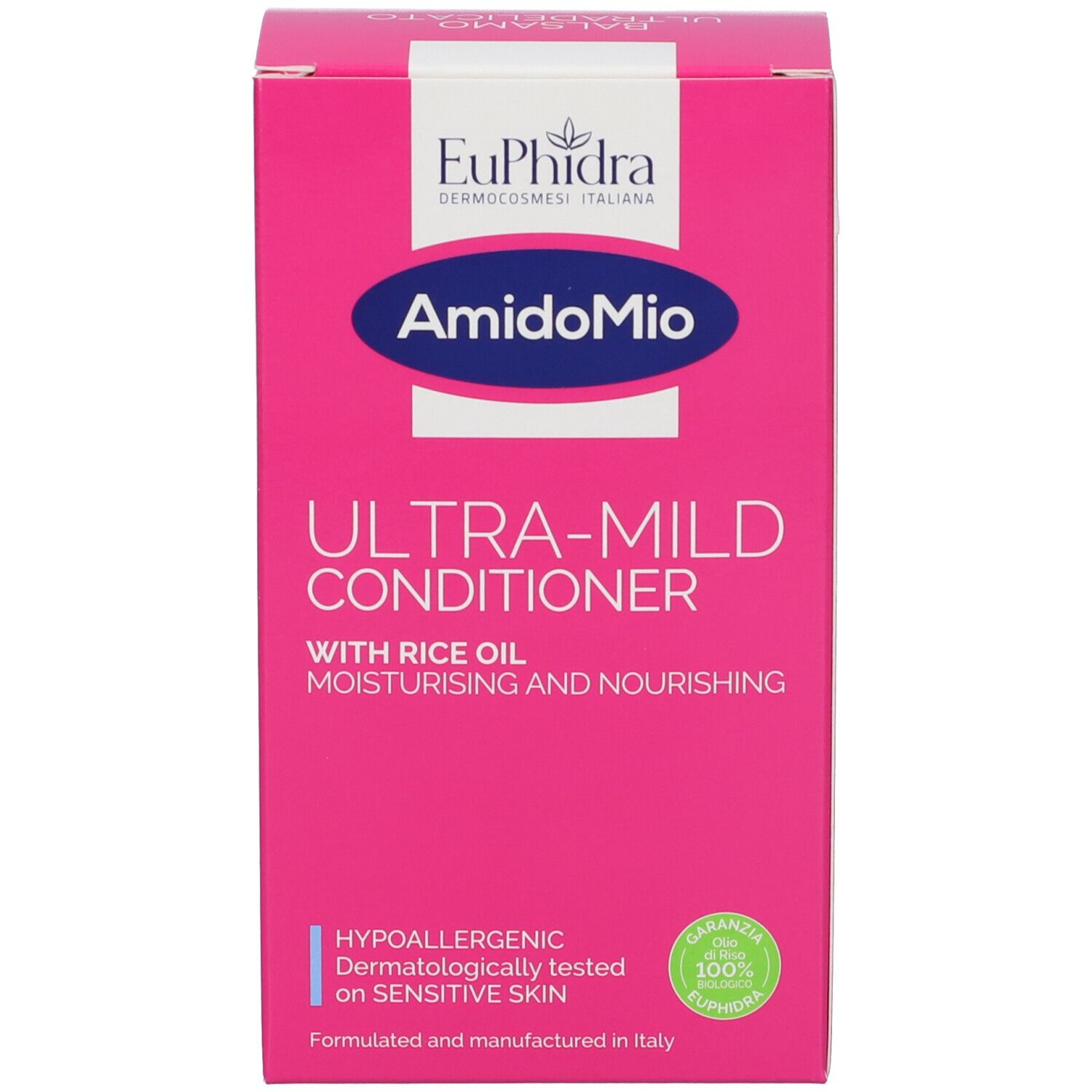 Rosa Produktverpackung. Text: AmidoMio Ultra-Mild Conditioner. Mit Reisöl. Feuchtigkeitsspendend und pflegend.