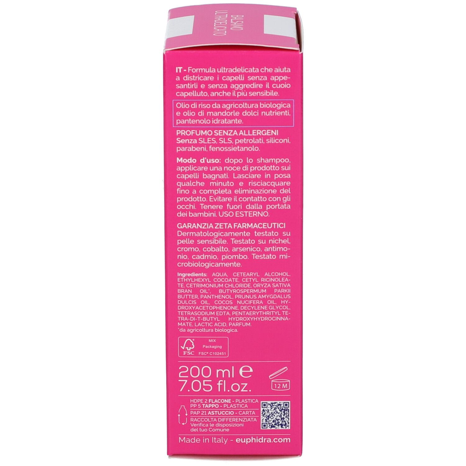 Rückseite einer rosa Produktverpackung. Text in mehreren Sprachen. Enthält Anweisungen und Inhaltsstoffe. 200 ml.