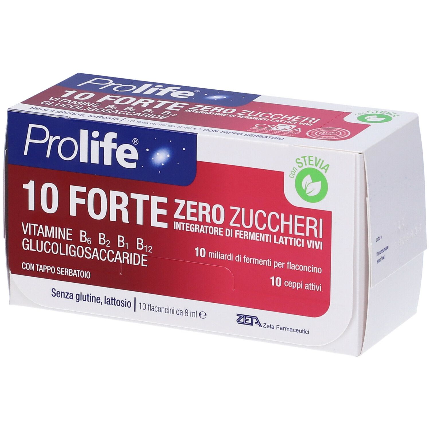 Prolife® 10 Forte Null Zucker-Verpackung. Enthält 10 Fläschchen mit lebenden Milchfermenten. Mit Stevia.