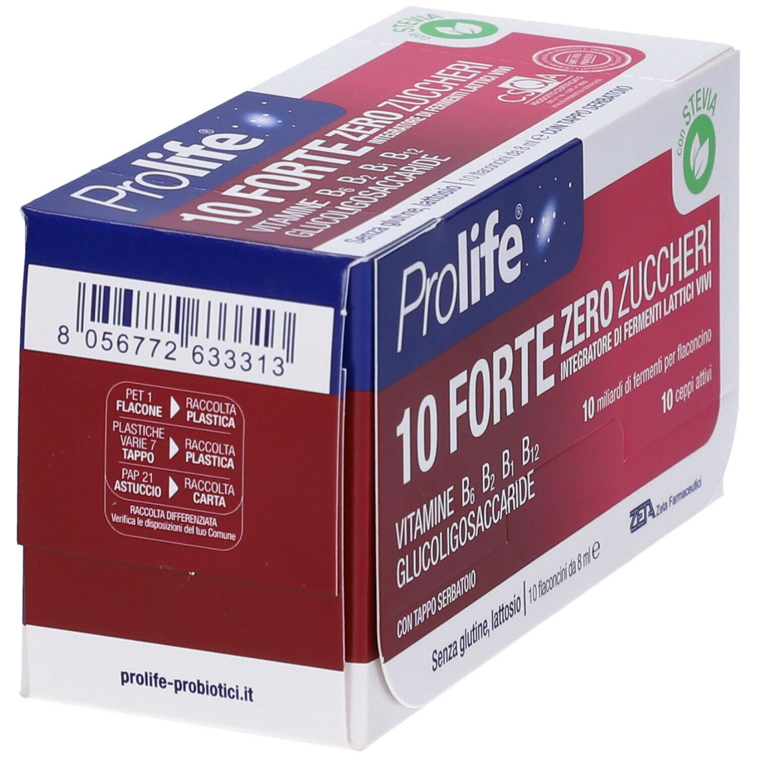 Prolife® 10 Forte Null Zucker-Verpackung. Enthält 10 Fläschchen mit lebenden Milchfermenten. Mit Stevia.