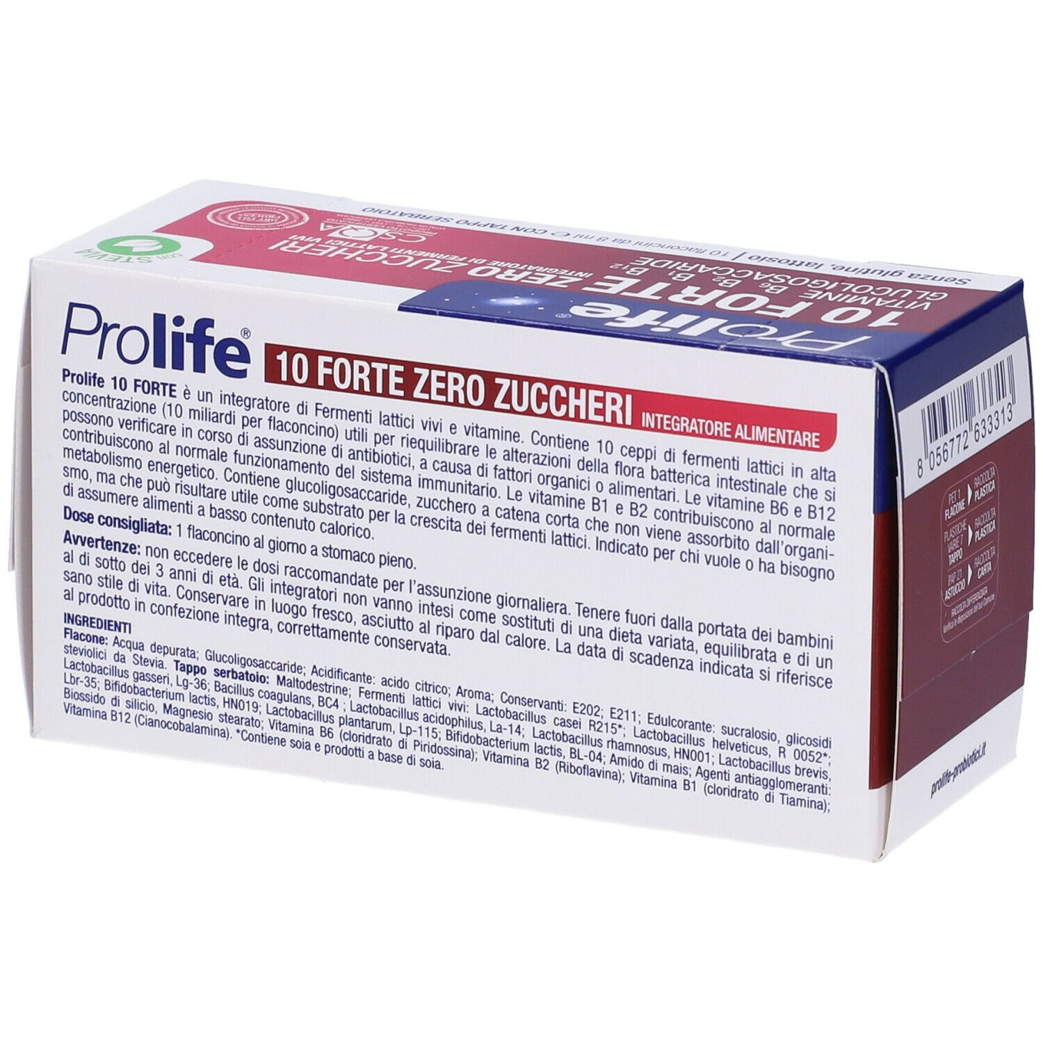 Verpackung von Prolife® 10 Forte Null Zucker. Enthält 10 Fläschchen mit lebenden Milchfermenten. Mit Stevia.