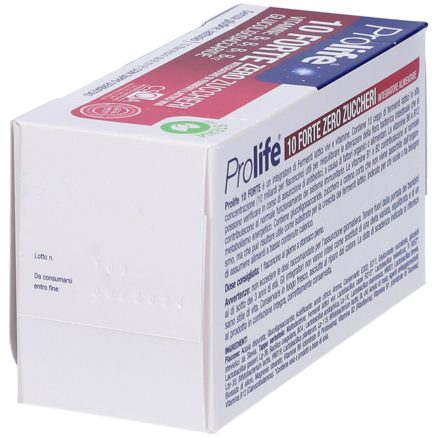 Verpackung von Prolife® 10 Forte Null Zucker. Enthält 10 Fläschchen mit lebenden Milchfermenten. Mit Stevia.