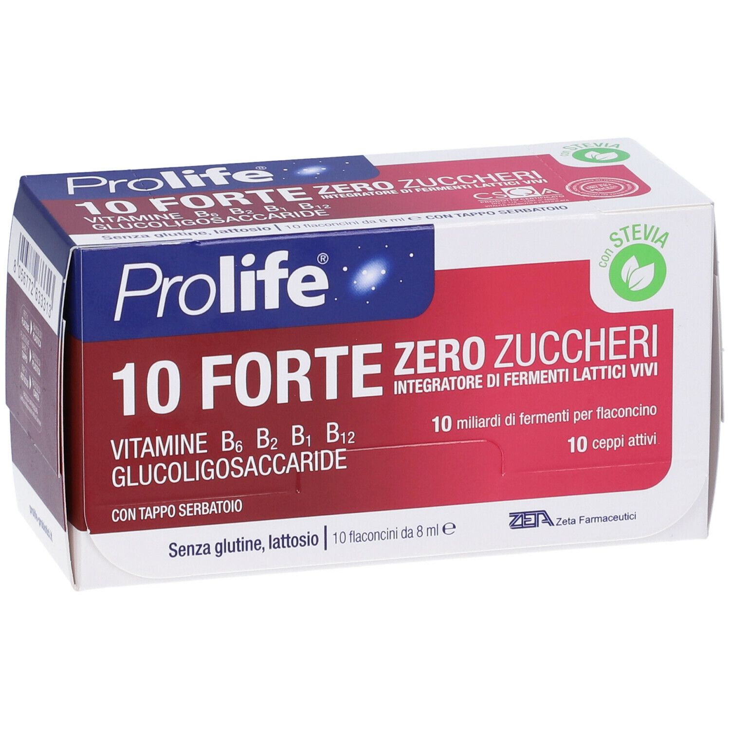 Verpackung von Prolife® 10 Forte Null Zucker. Enthält 10 Fläschchen mit lebenden Milchfermenten. Mit Stevia.