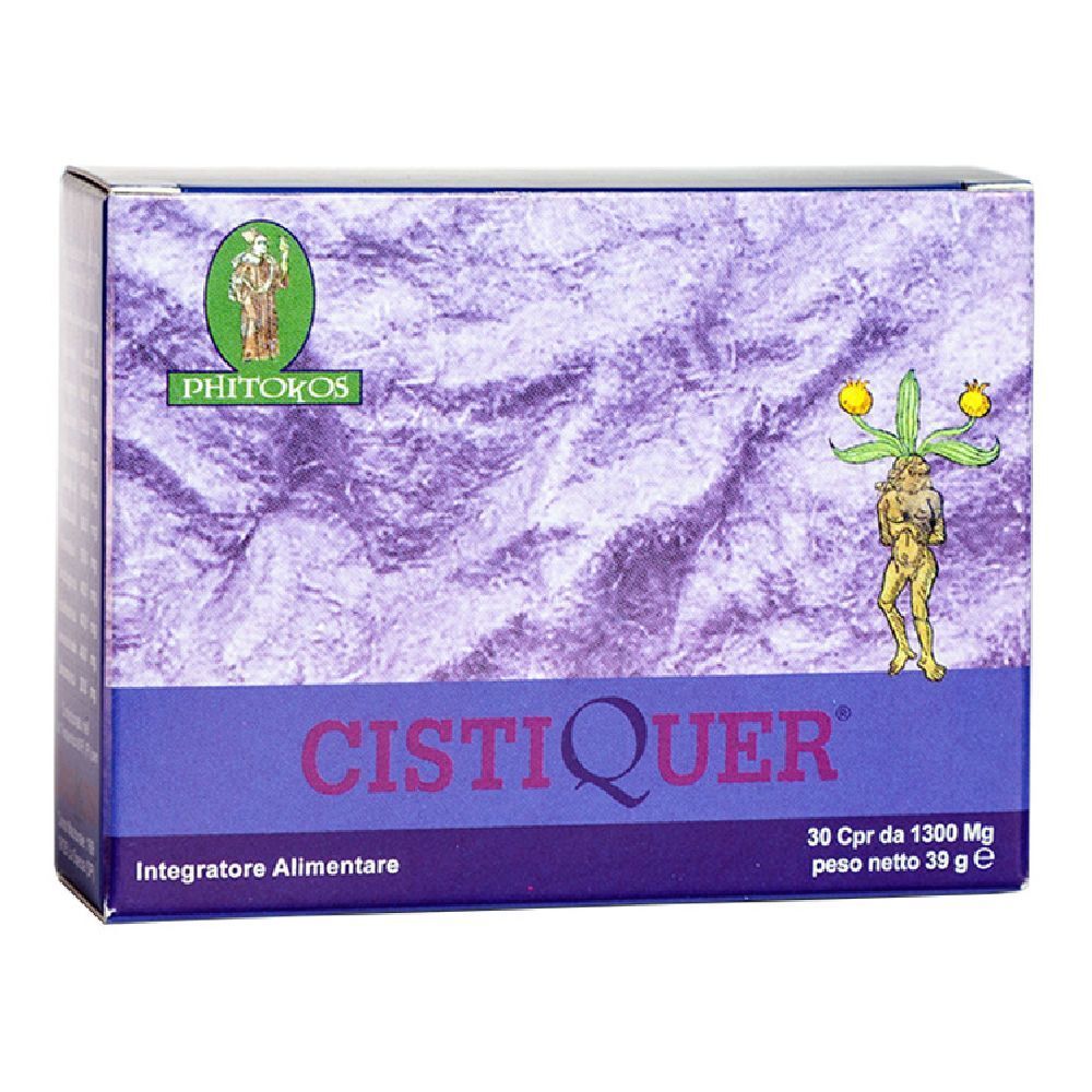 Scatola CISTIQUER, viola e blu. Contiene 30 compresse. Marca: Phytokos. Integratore alimentare.