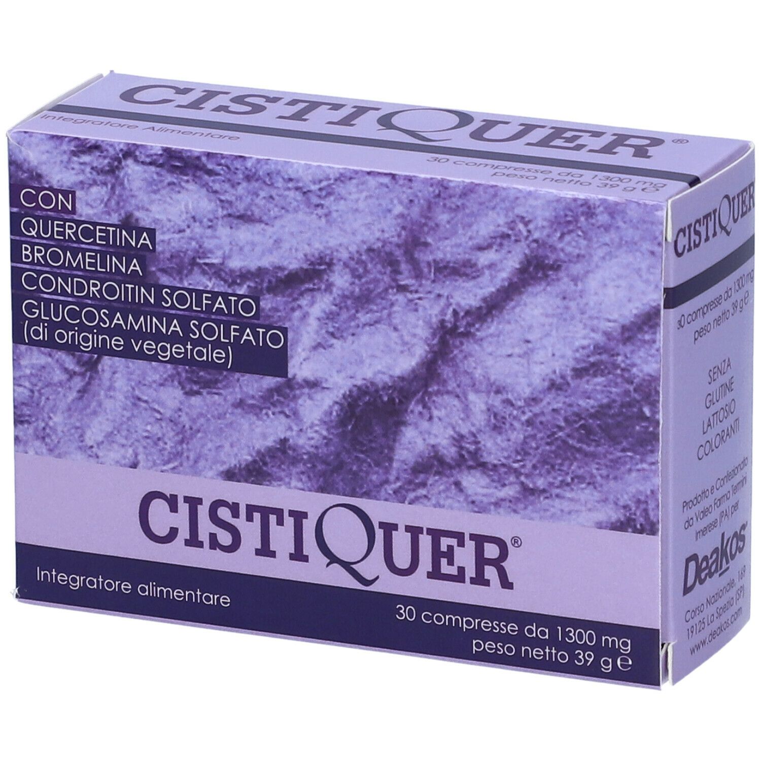 Scatola CISTIQUER, viola. Contiene 30 compresse. Ingredienti: Quercetina, Bromelina, Condroitin solfato, Glucosamina solfato.