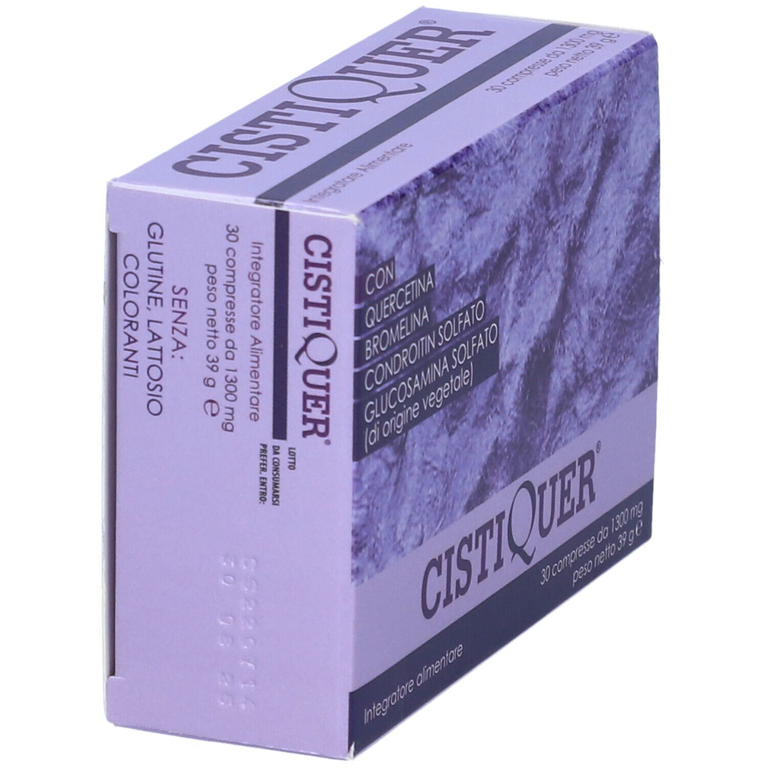 Scatola CISTIQUER, viola. Contiene 30 compresse. Ingredienti: Quercetina, Bromelina, Condroitin solfato, Glucosamina solfato.