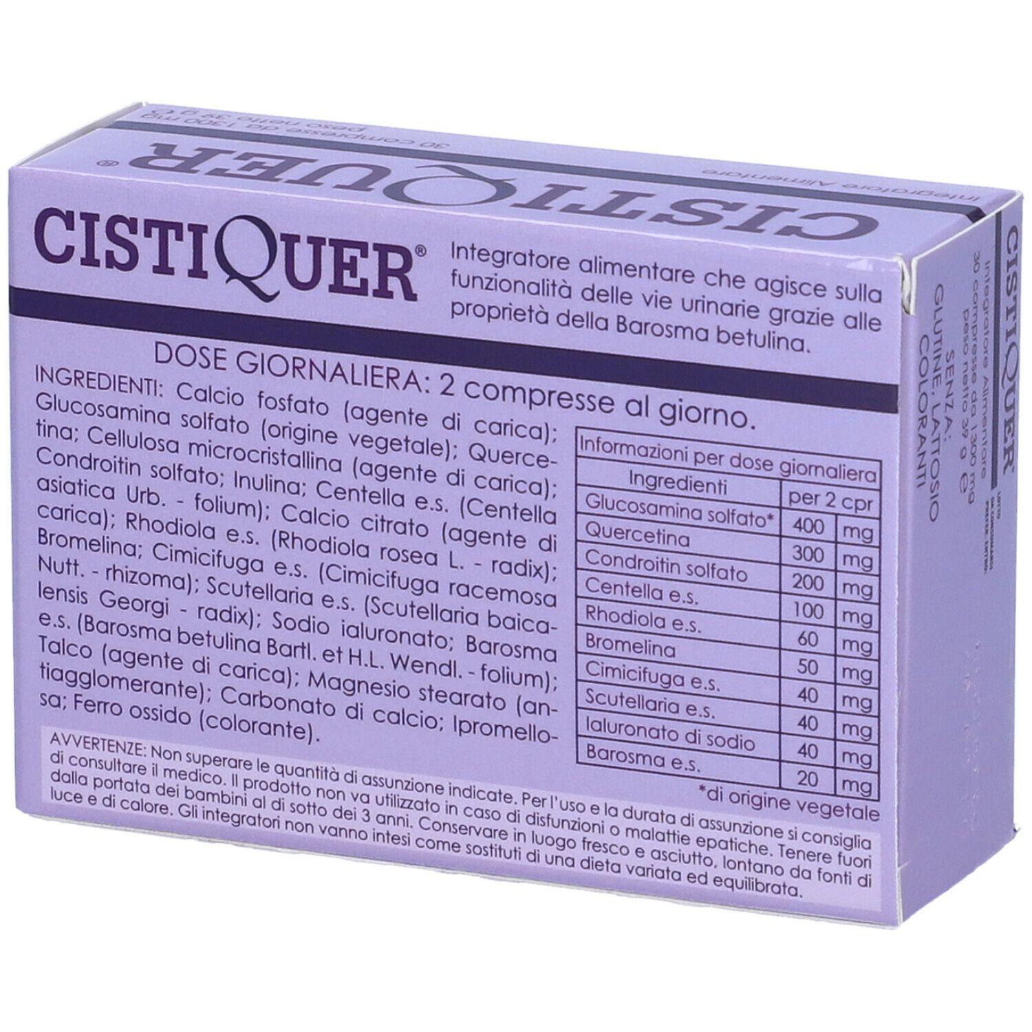 Scatola CISTIQUER, viola. Retro con ingredienti e dosaggio. Contiene 30 compresse.