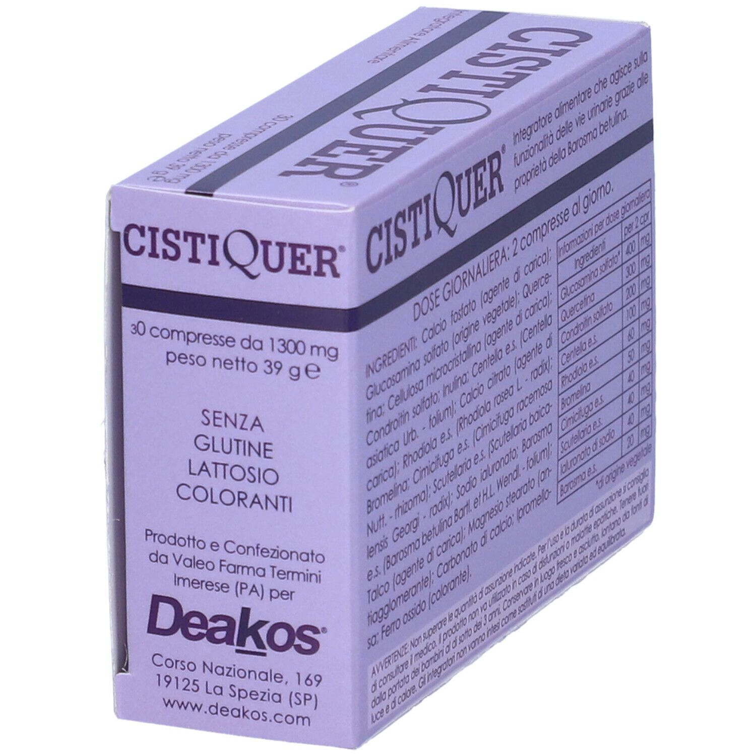 Scatola CISTIQUER, viola. Contiene 30 compresse. Marchio Deakos. Senza glutine, lattosio, coloranti.