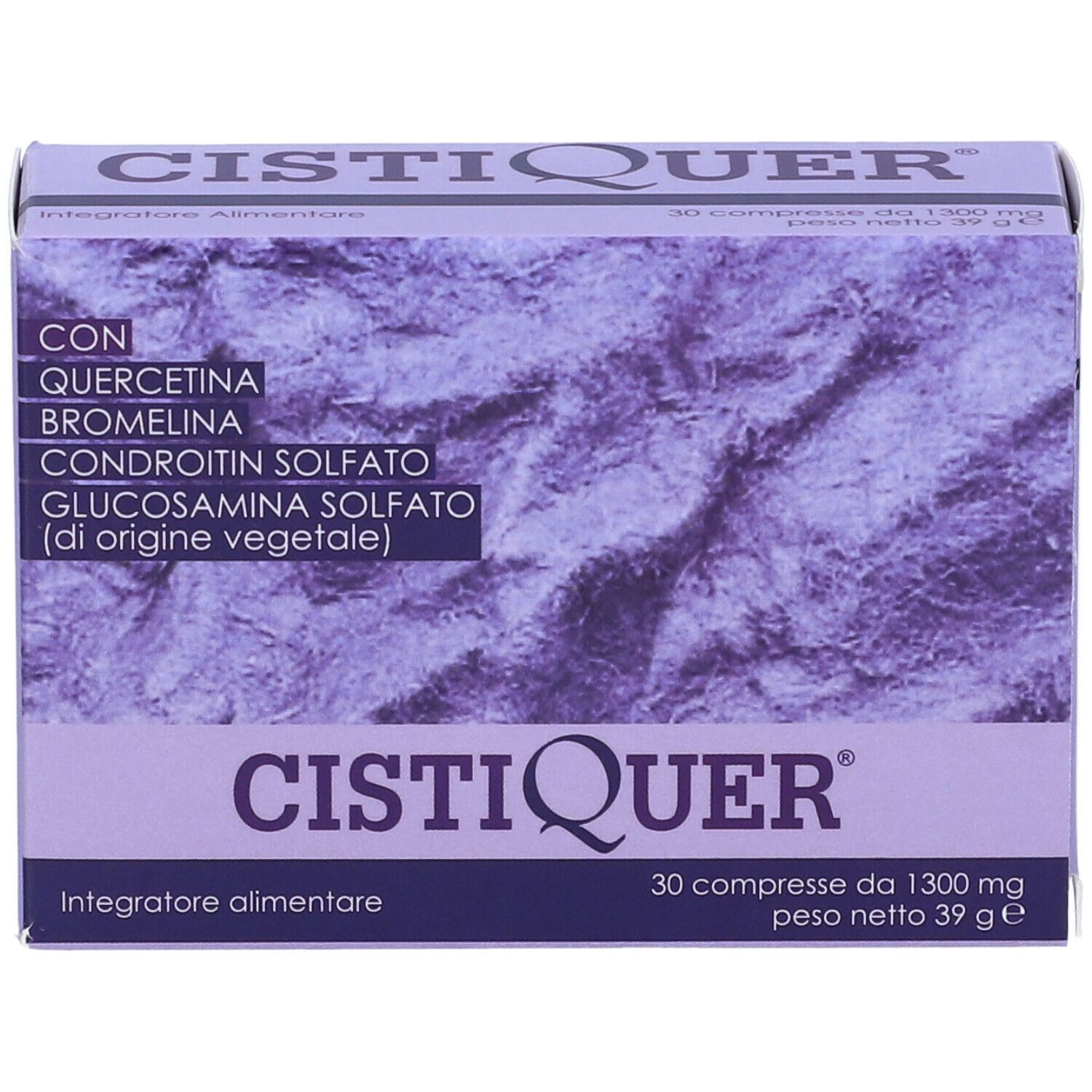 Scatola CISTIQUER, viola. Contiene 30 compresse. Ingredienti: Quercetina, Bromelina, Condroitin solfato, Glucosamina solfato.