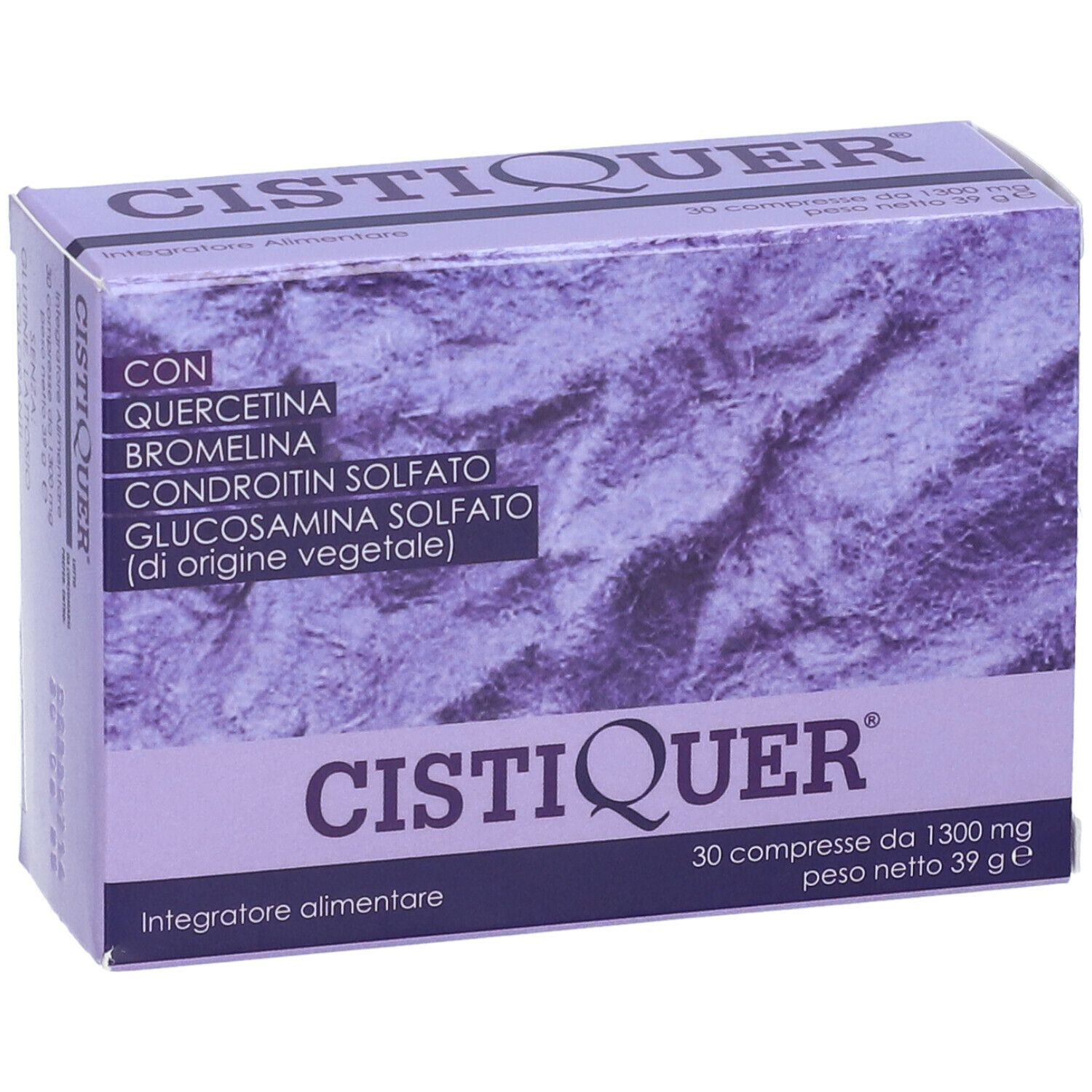 Scatola CISTIQUER, viola. Contiene 30 compresse. Ingredienti: Quercetina, Bromelina, Condroitin solfato, Glucosamina solfato.