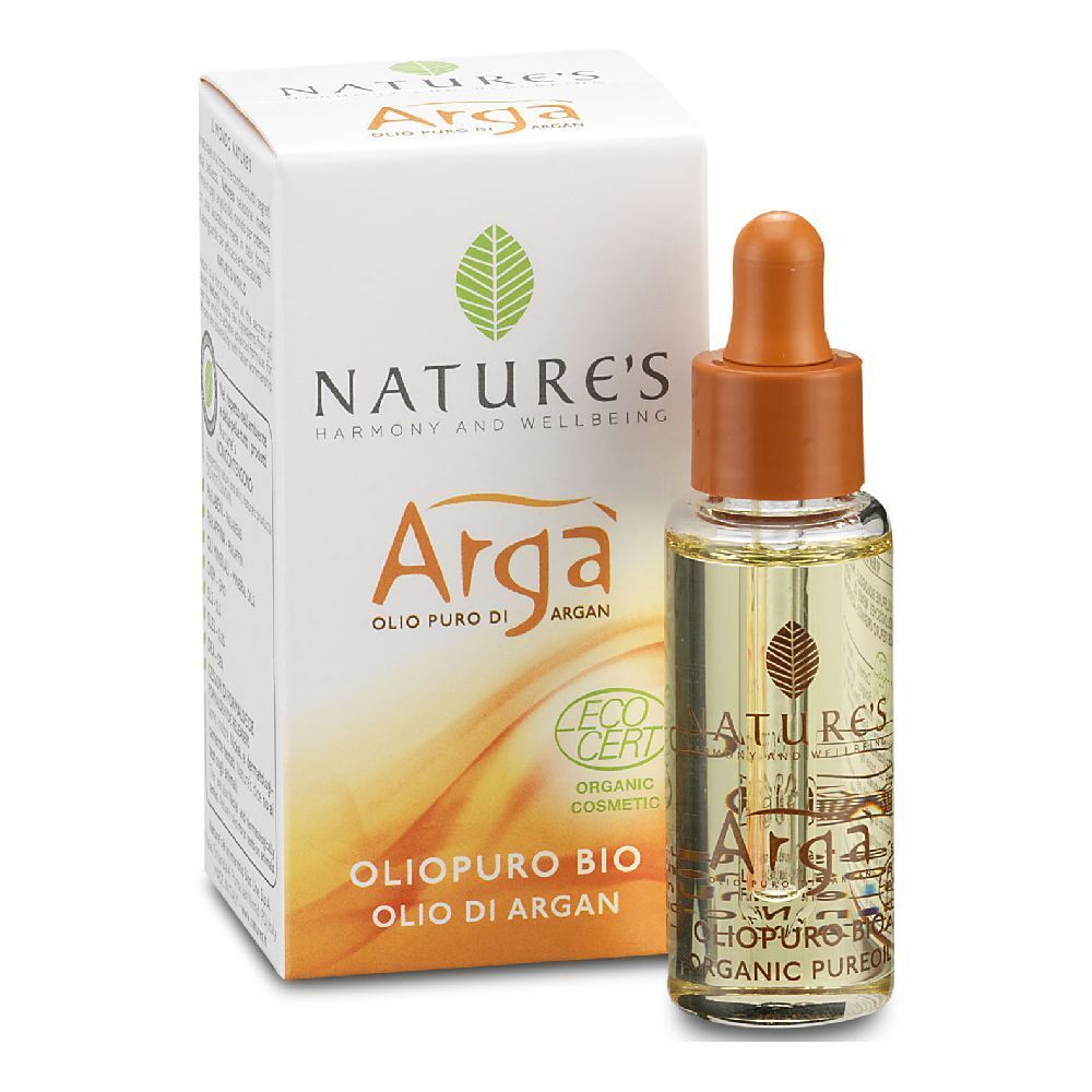 Flacone di olio Arga con confezione. Flacone contagocce con tappo marrone. Confezione con logo e testo.