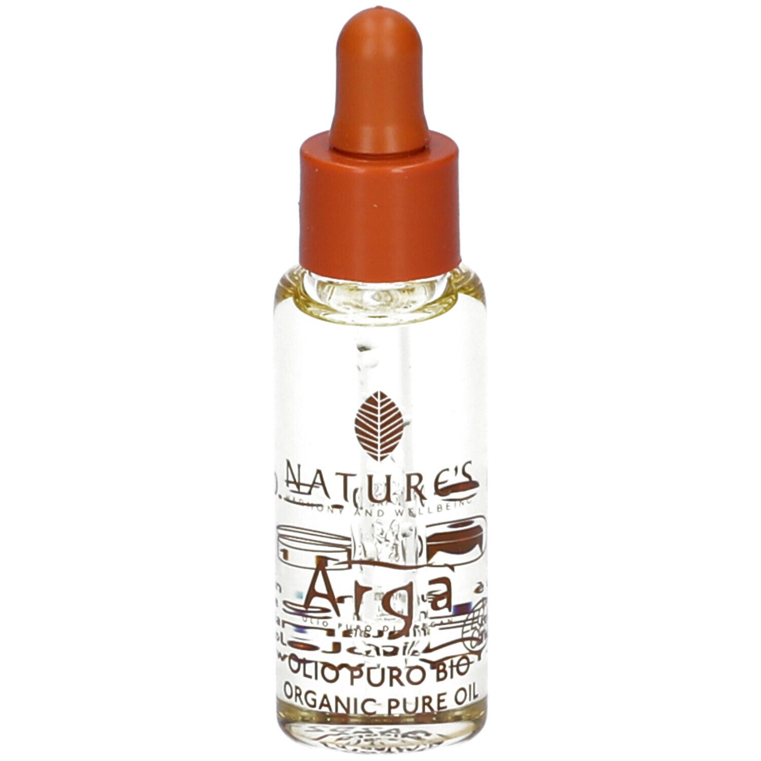 Flacone di olio Arga. Flacone contagocce con tappo marrone. Scritta Arga, logo e testo.