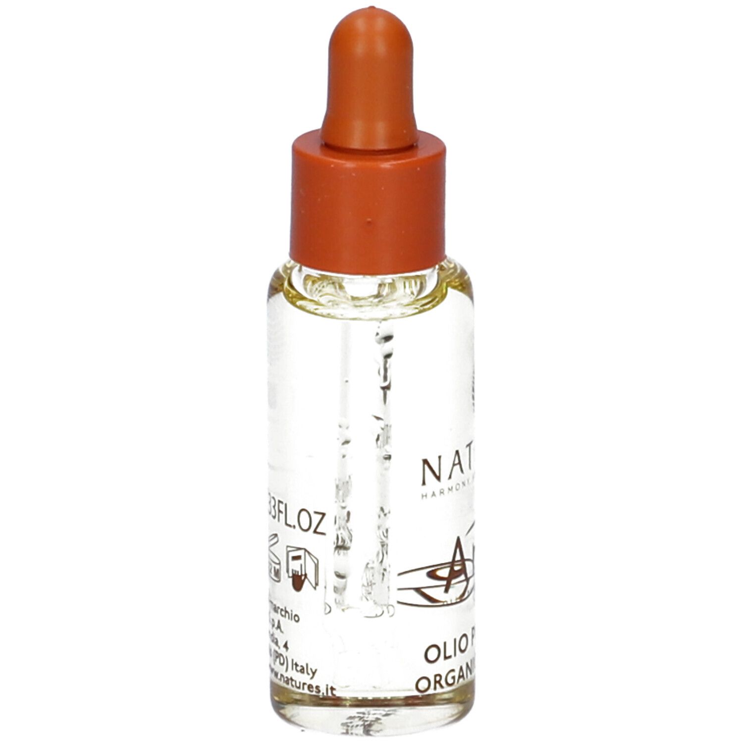 Flacone di olio Arga. Flacone contagocce con tappo marrone. Scritta Arga, logo e testo.