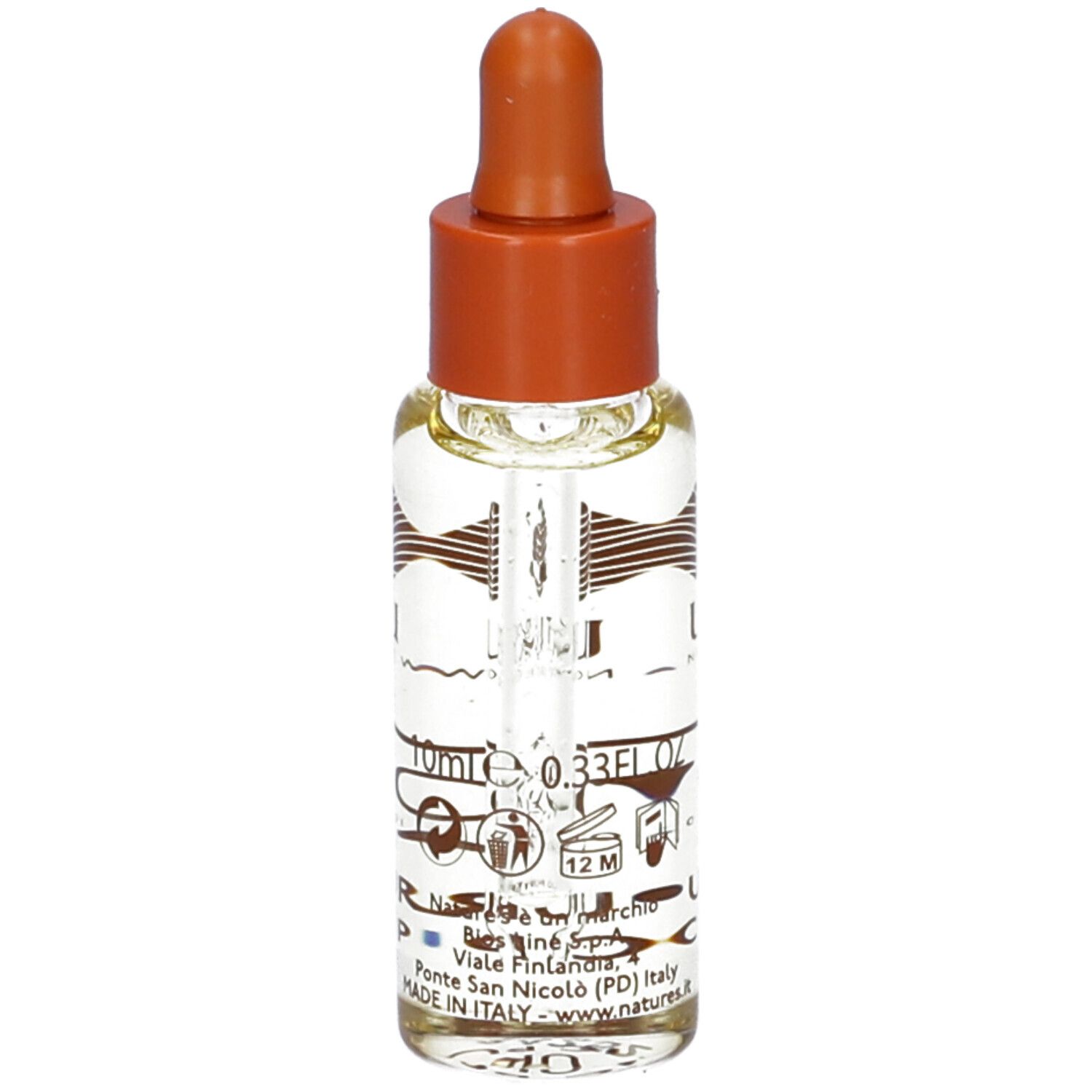 Flacone di olio Arga. Flacone contagocce con tappo marrone. Scritta Arga, logo e testo.
