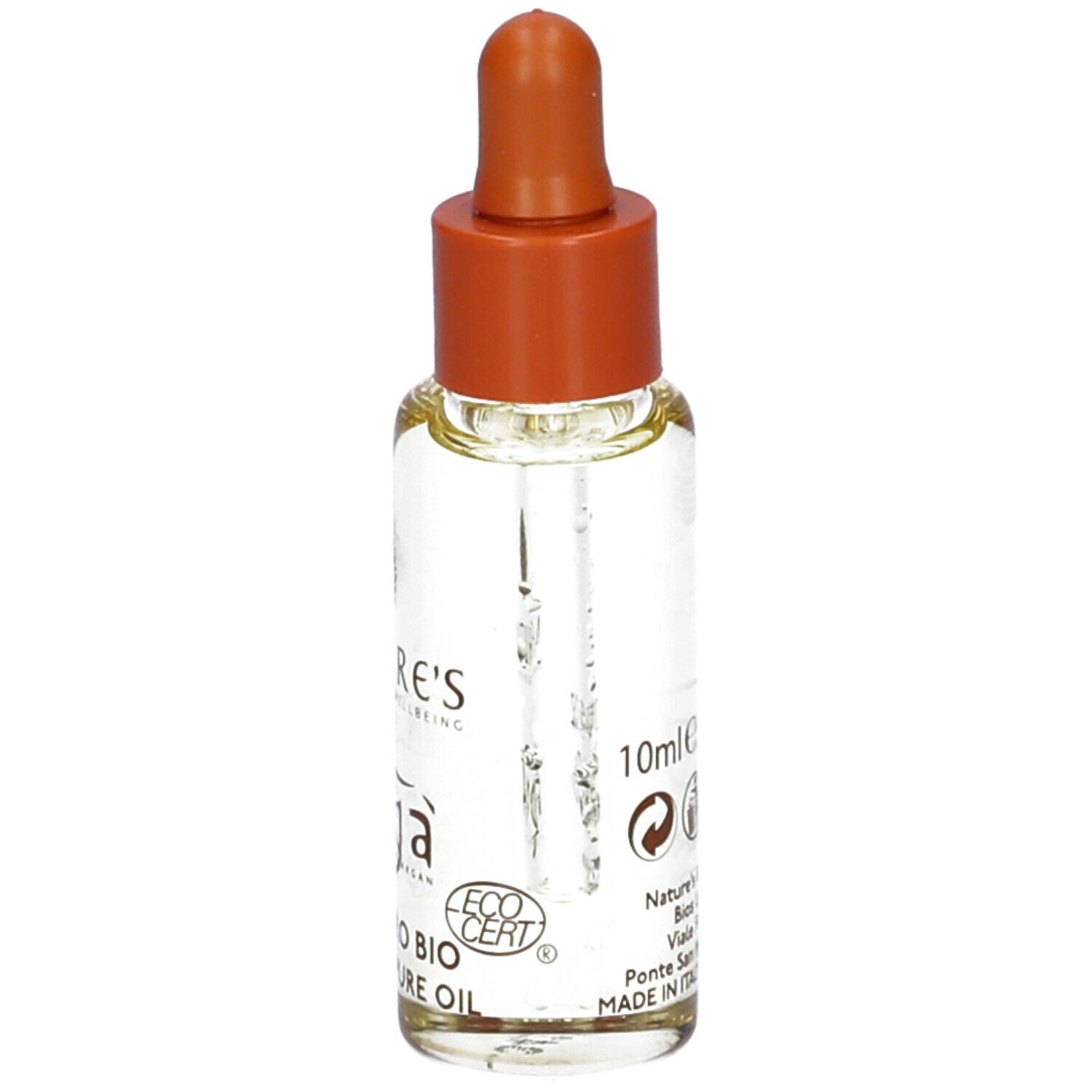 Flacone di olio Arga. Flacone contagocce con tappo marrone. Scritta Arga, logo e testo.