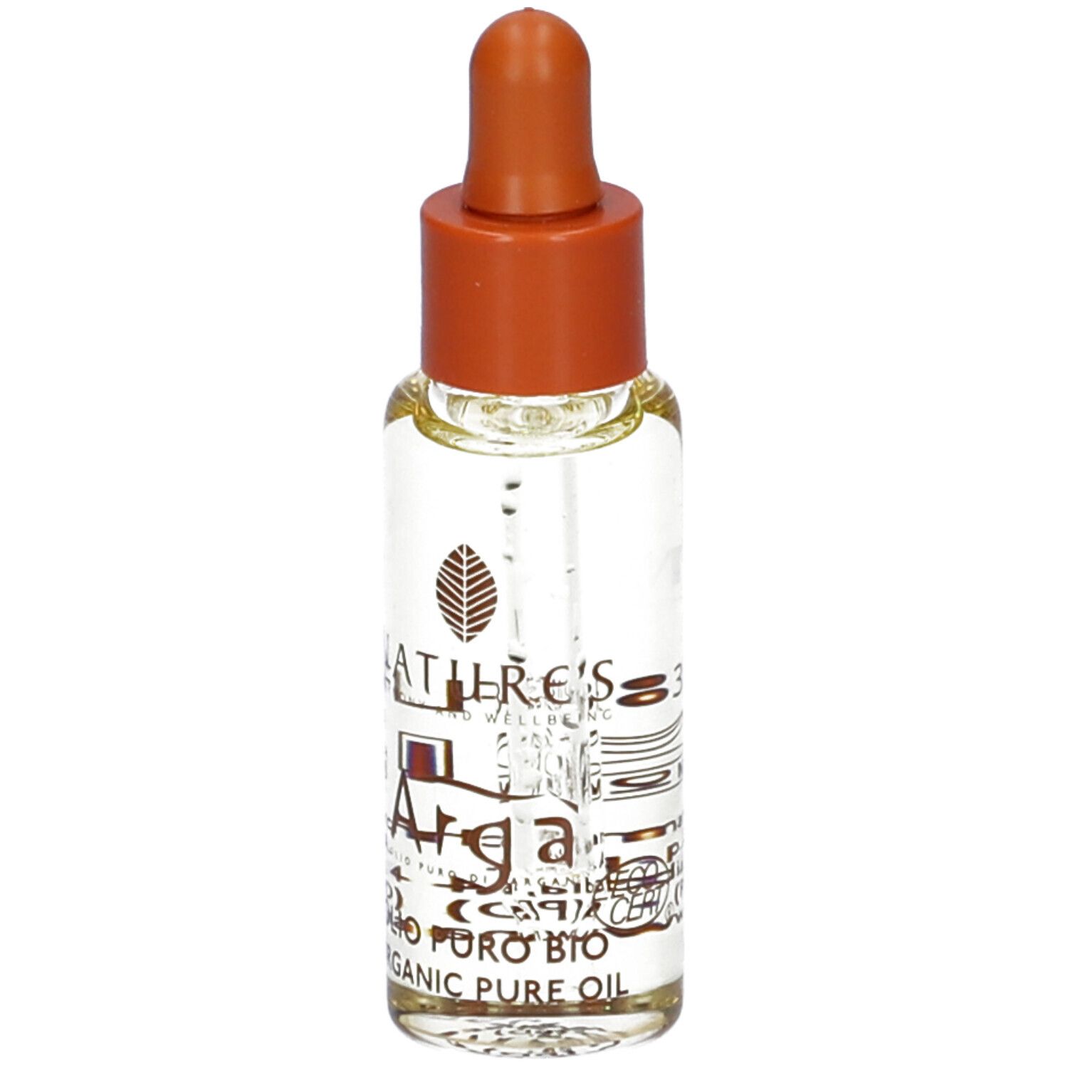 Flacone di olio Arga. Flacone contagocce con tappo marrone. Scritta Arga, logo e testo.