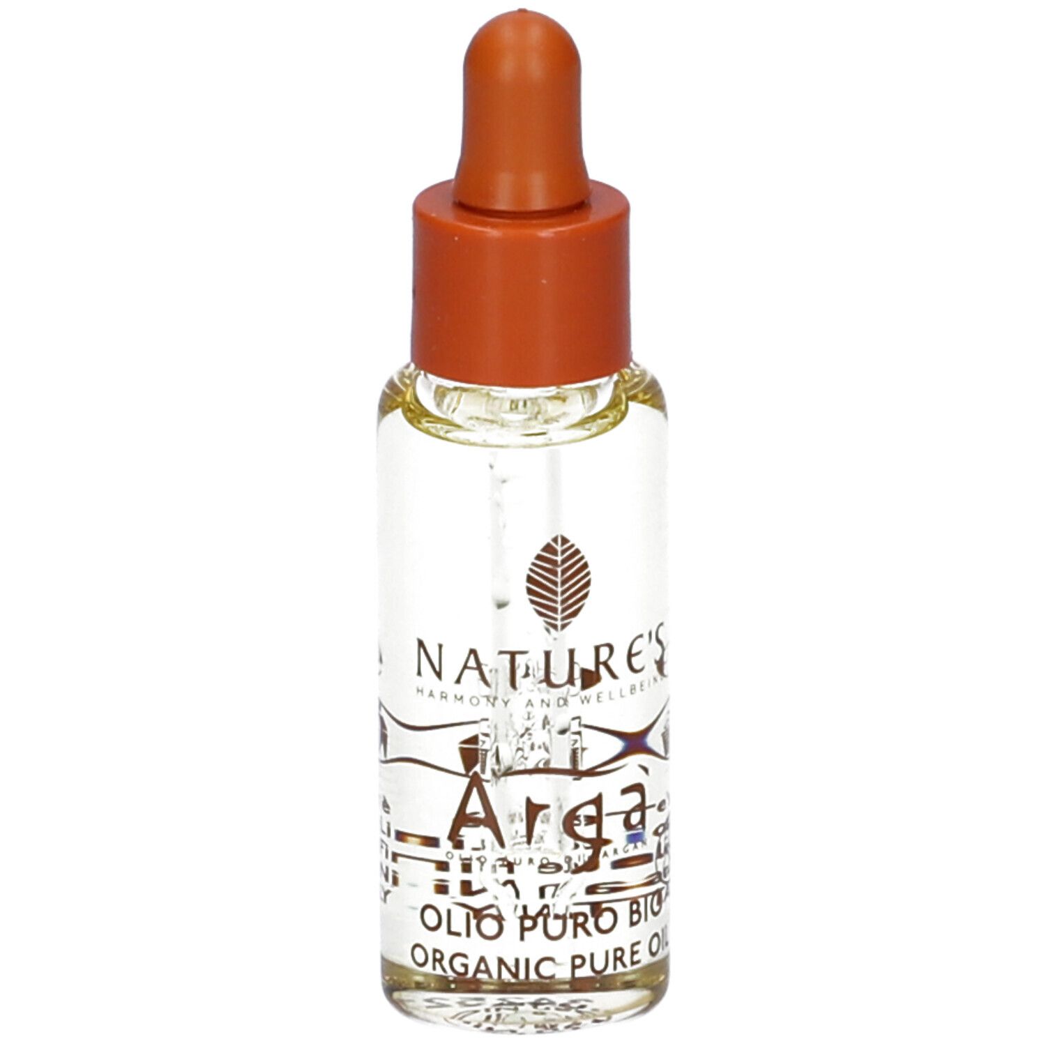 Flacone di olio Arga. Flacone contagocce con tappo marrone. Scritta Arga, logo e testo.