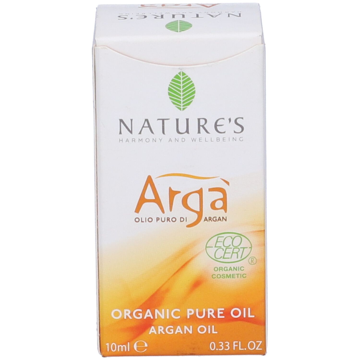 Confezione per olio Arga. Bianca con logo e testo. Certificazioni e informazioni prodotto.