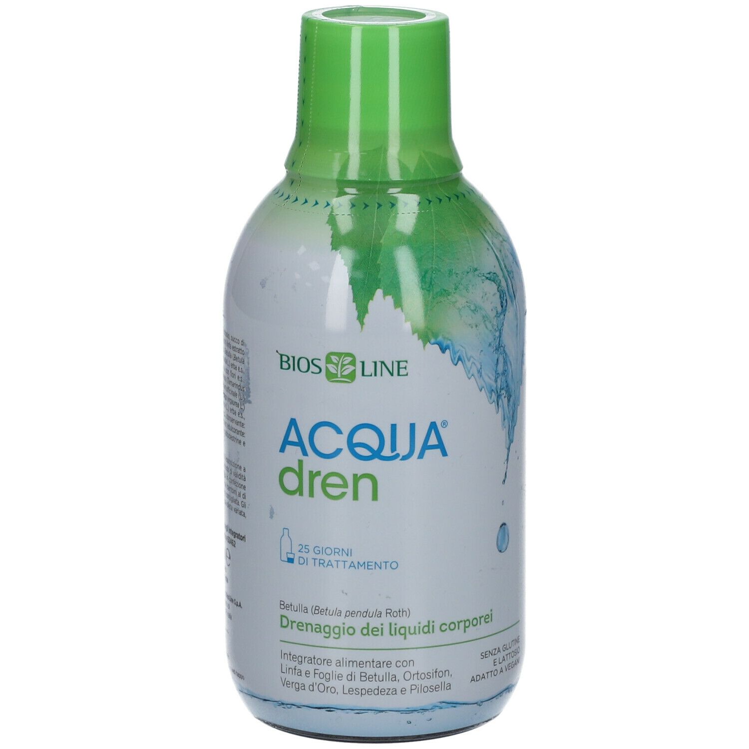 Bottiglia con tappo verde. Scritta: BIOS LINE, ACQUA dren. 25 giorni di trattamento. Contiene foglie e linfa di betulla.