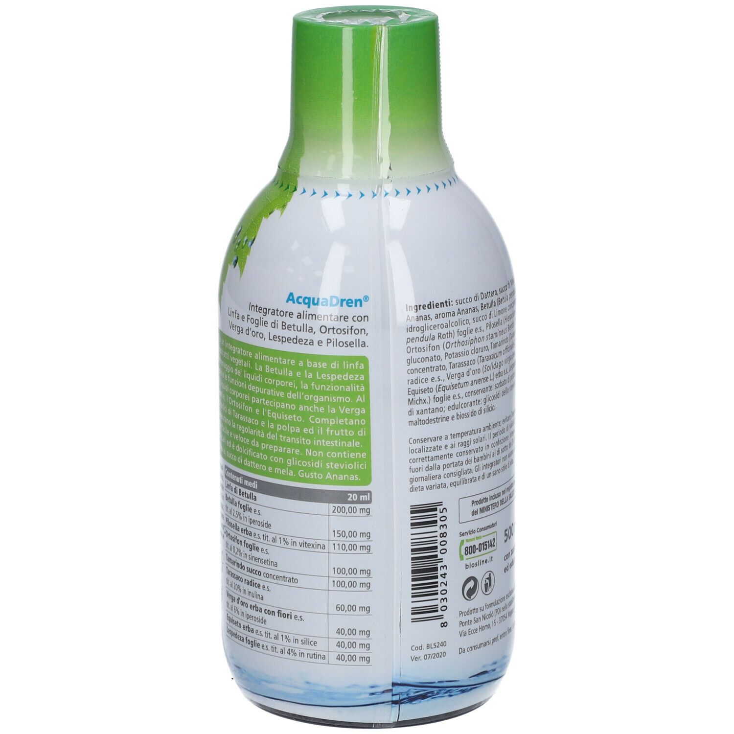 Retro della bottiglia. Contiene informazioni nutrizionali e ingredienti. Tappo verde. Informazioni sul prodotto.