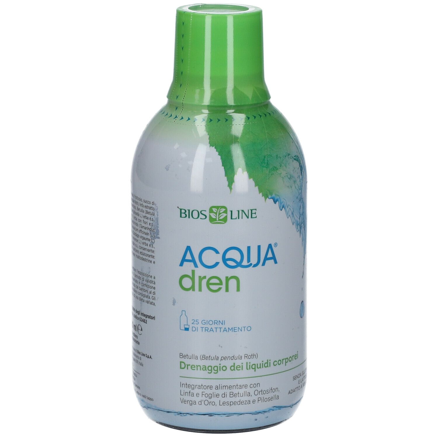 Bottiglia con tappo verde. Scritta: BIOS LINE, ACQUA dren. 25 giorni di trattamento. Contiene foglie e linfa di betulla.