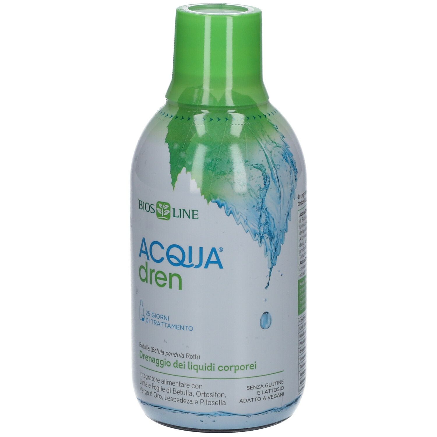 Bottiglia con tappo verde. Scritta: BIOS LINE, ACQUA dren. Senza glutine e lattosio. Adatto ai vegani.