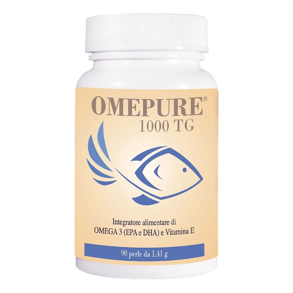 Bottiglia bianca con capsule. Scritta: Omepure 1000 TG. Logo pesce. Testo: Omega 3 (EPA & DHA) e Vitamina E. 90 perle.