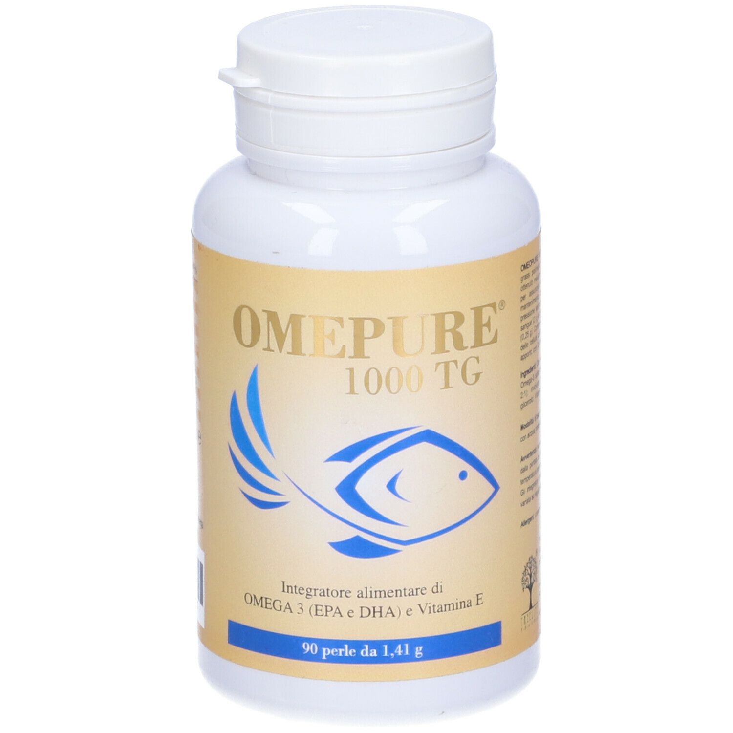Bottiglia bianca con capsule. Scritta: Omepure 1000 TG. Logo pesce. Testo: Omega 3 (EPA & DHA) e Vitamina E. 90 perle.