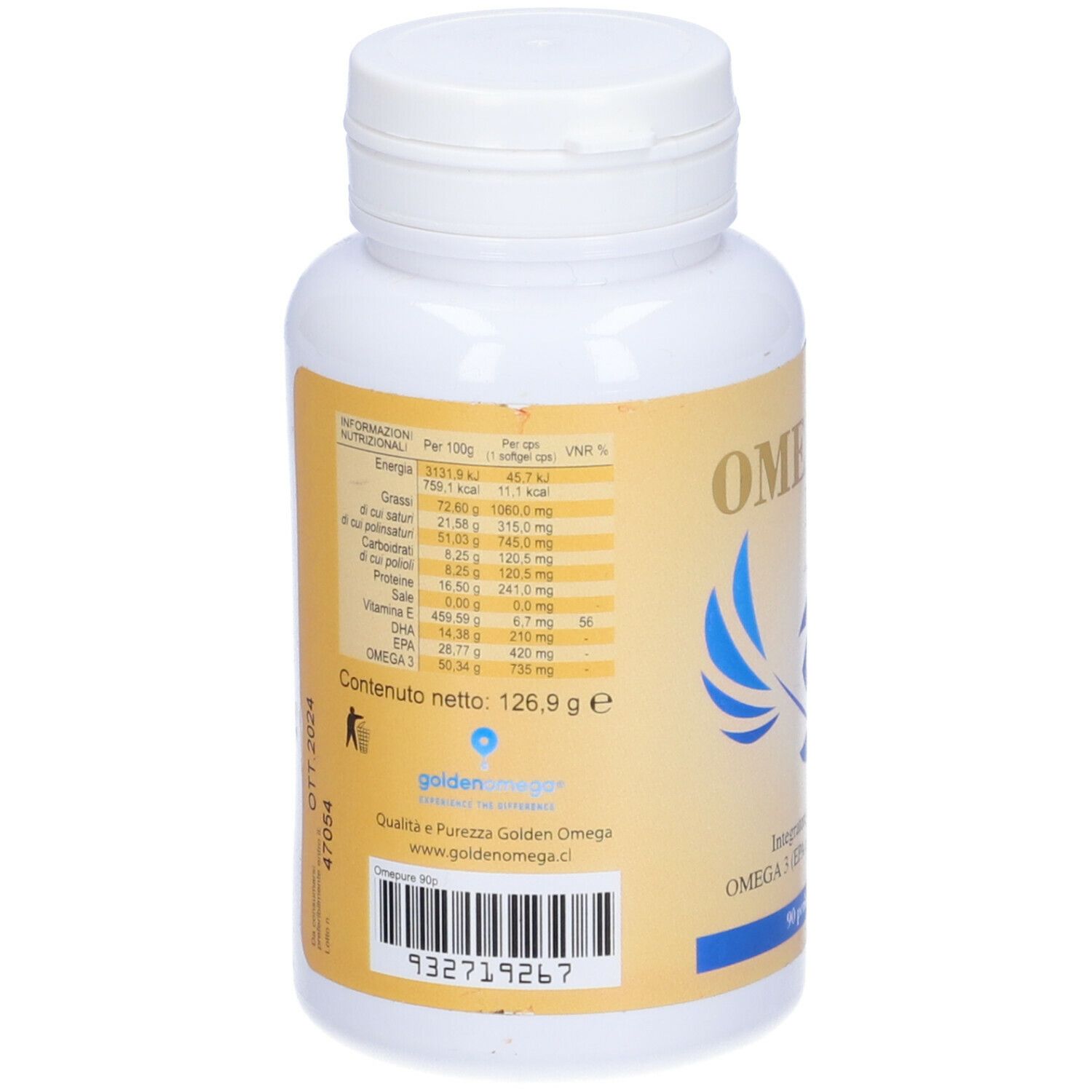 Retro di una bottiglia bianca con capsule. Testo: Informazioni nutrizionali, ingredienti, informazioni produttore. Scritta: Omepure.