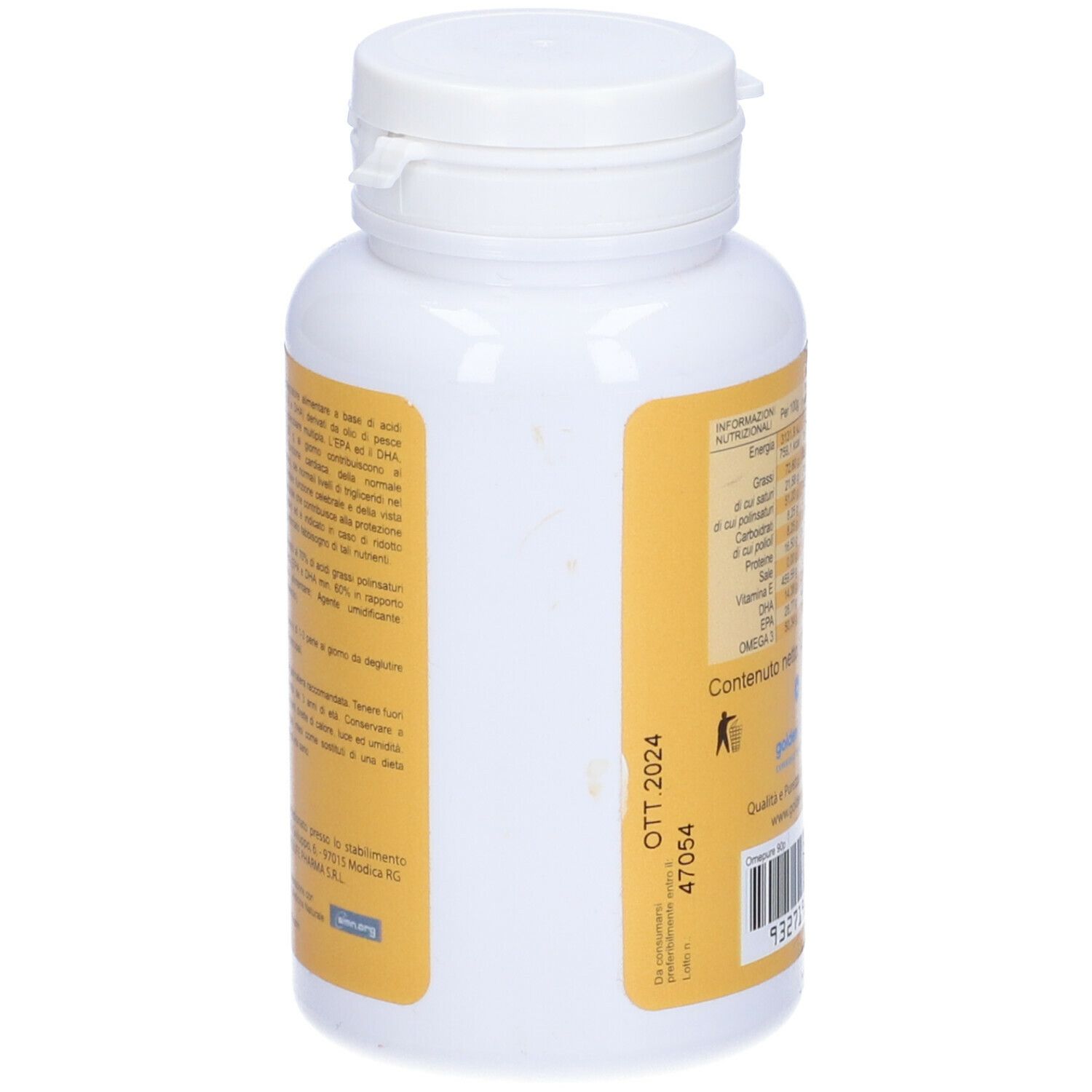 Retro di una bottiglia bianca con capsule. Testo: Informazioni nutrizionali, ingredienti, informazioni produttore. Scritta: Omepure.