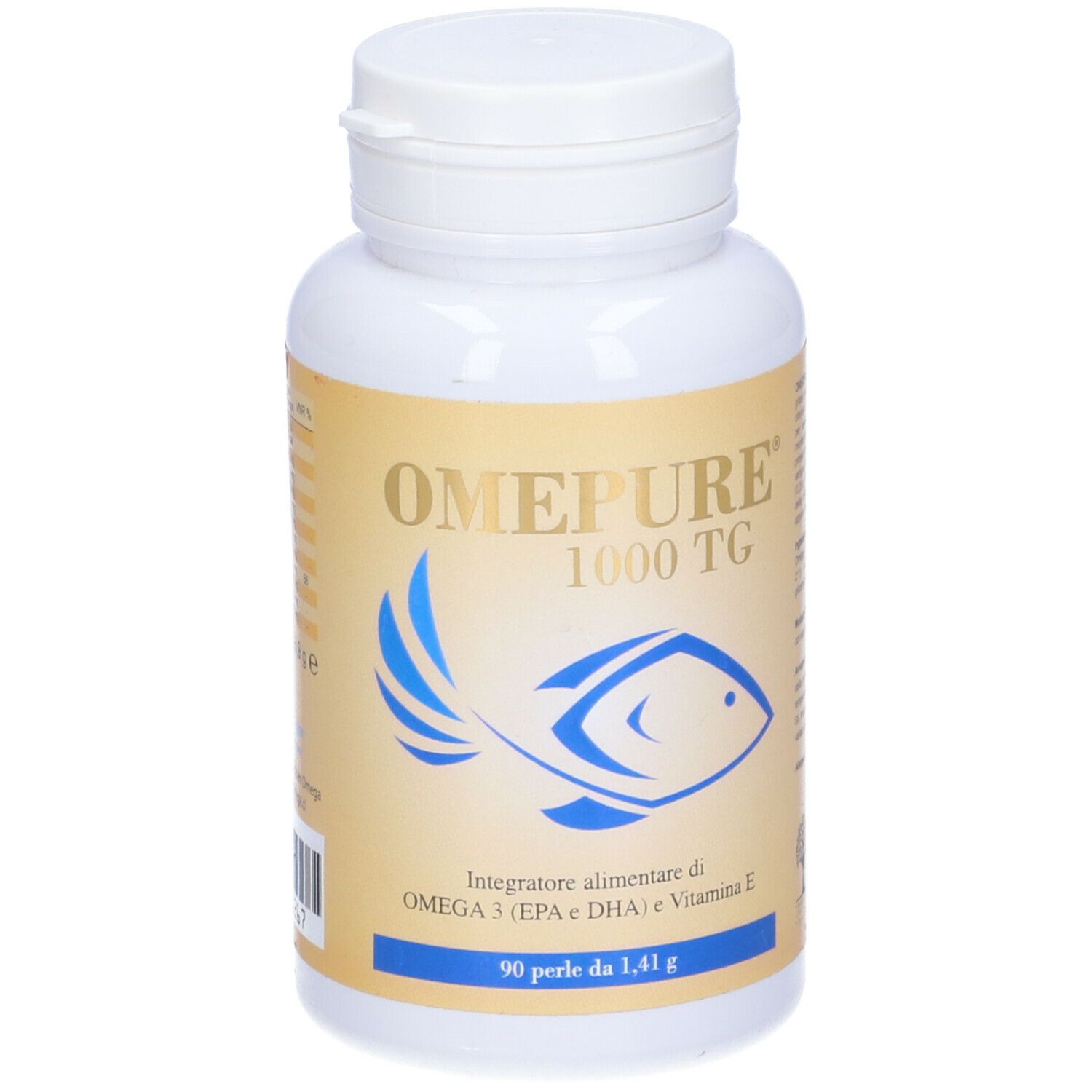 Bottiglia bianca con capsule. Scritta: Omepure 1000 TG. Logo pesce. Testo: Omega 3 (EPA & DHA) e Vitamina E. 90 perle.