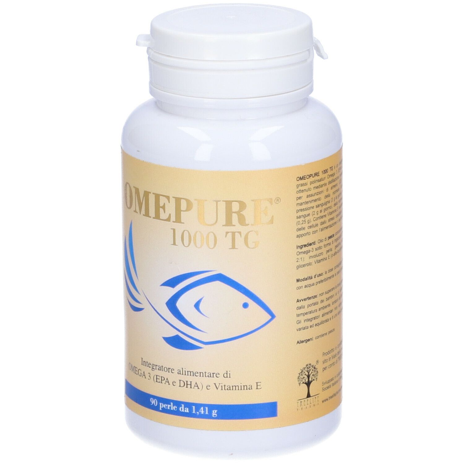 Bottiglia bianca con capsule. Scritta: Omepure 1000 TG. Logo pesce. Testo: Omega 3 (EPA & DHA) e Vitamina E. 90 perle.