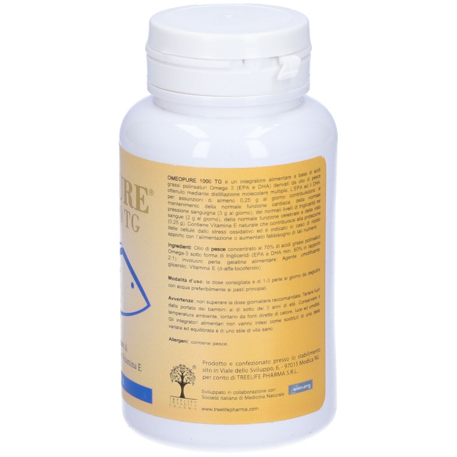 Retro di una bottiglia bianca con capsule. Testo: Informazioni prodotto, ingredienti, informazioni produttore. Scritta: Omepure.