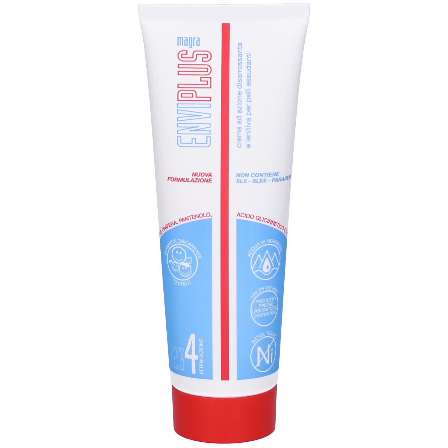 Tubo bianco e blu con tappo rosso. Scritta: Enviplus, magra. Non contiene SLES, SLS, parabeni. Strisce blu.