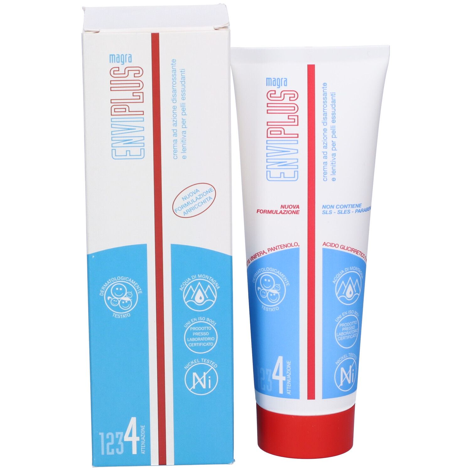 Confezione del prodotto. Tubo e scatola. Scritta: Enviplus, magra. Elementi blu e bianchi. Logo.