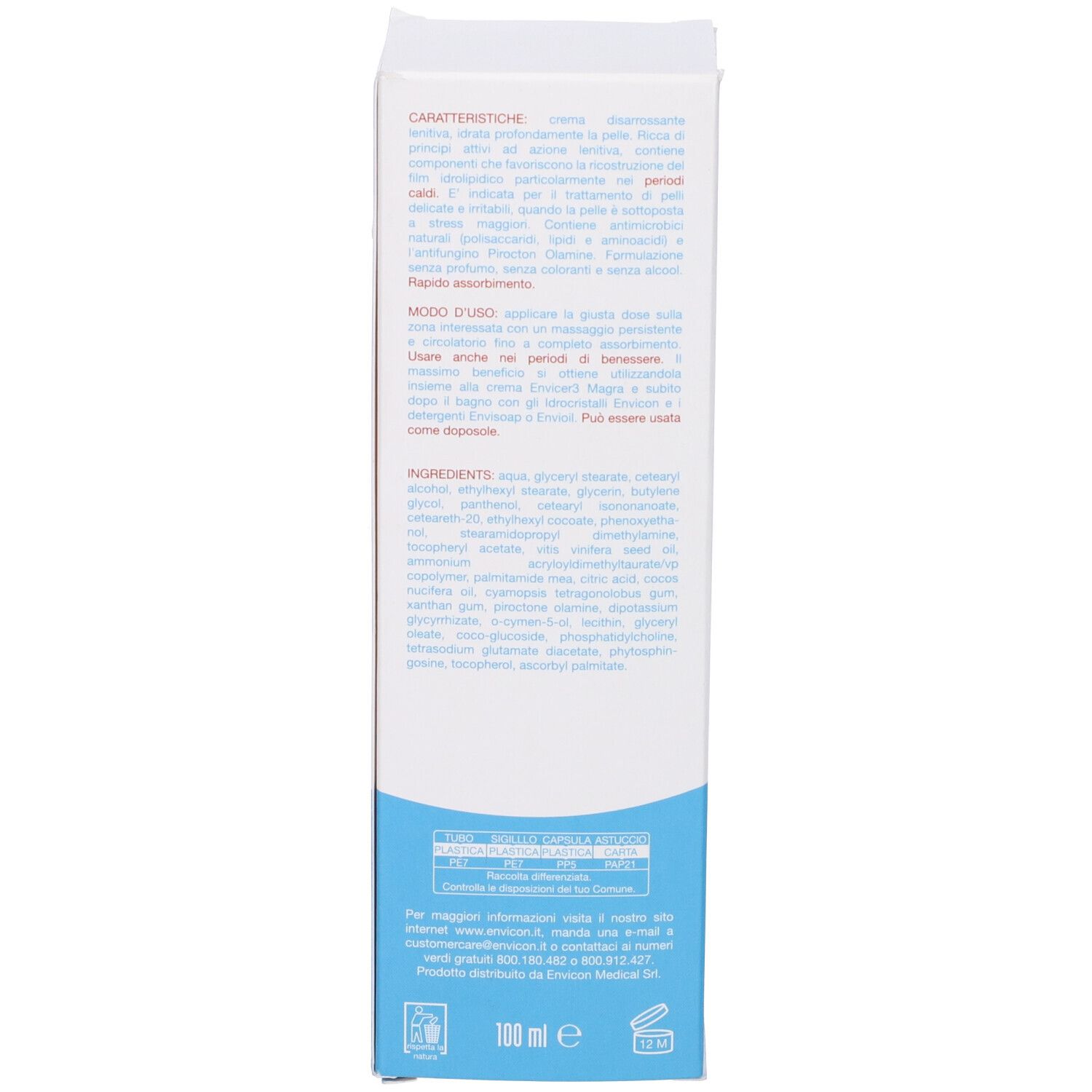Lato della scatola. Testo in italiano. Contiene ingredienti. Elementi blu e bianchi. 100 ml.