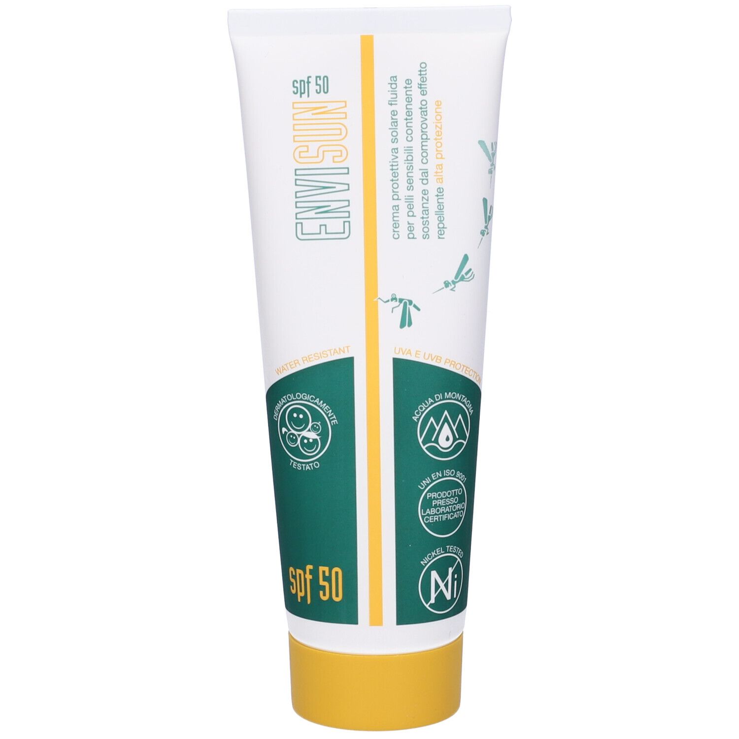 Tubo di crema SPF 50. Bianco, verde e giallo. Scritta: Envisun, SPF 50. Icone del logo.