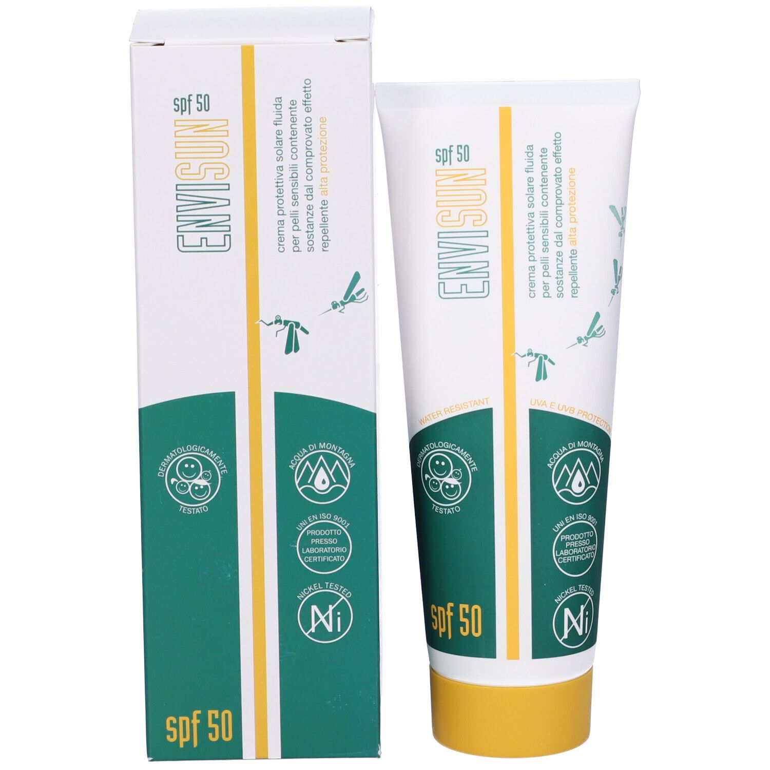 Confezione del prodotto con tubo di crema. Bianco, verde e giallo. Scritta: Envisun, SPF 50. Icone del logo.