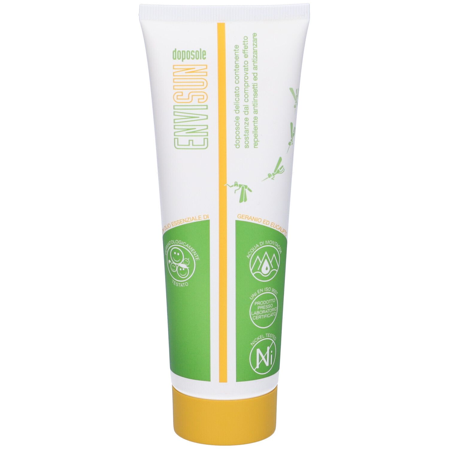 Tubo bianco con etichetta verde e gialla. Nome del prodotto: Envisun. Tappo giallo. Loghi e testo.
